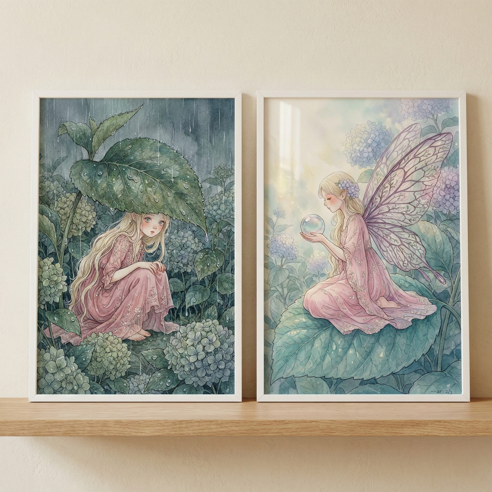 Two framed illustrations sit on a light-colored wooden shelf. The left image shows a fair-haired girl in a long pink gown seeking shelter from a rain shower under a massive green leaf, surrounded by muted blue flowers. The right image depicts a girl with large, ornate butterfly wings sitting on a leaf, holding a glowing sphere. She wears a similar pink dress and is encircled by soft purple blooms. Both works use a delicate, dreamy watercolor aesthetic with soft, pastel hues.