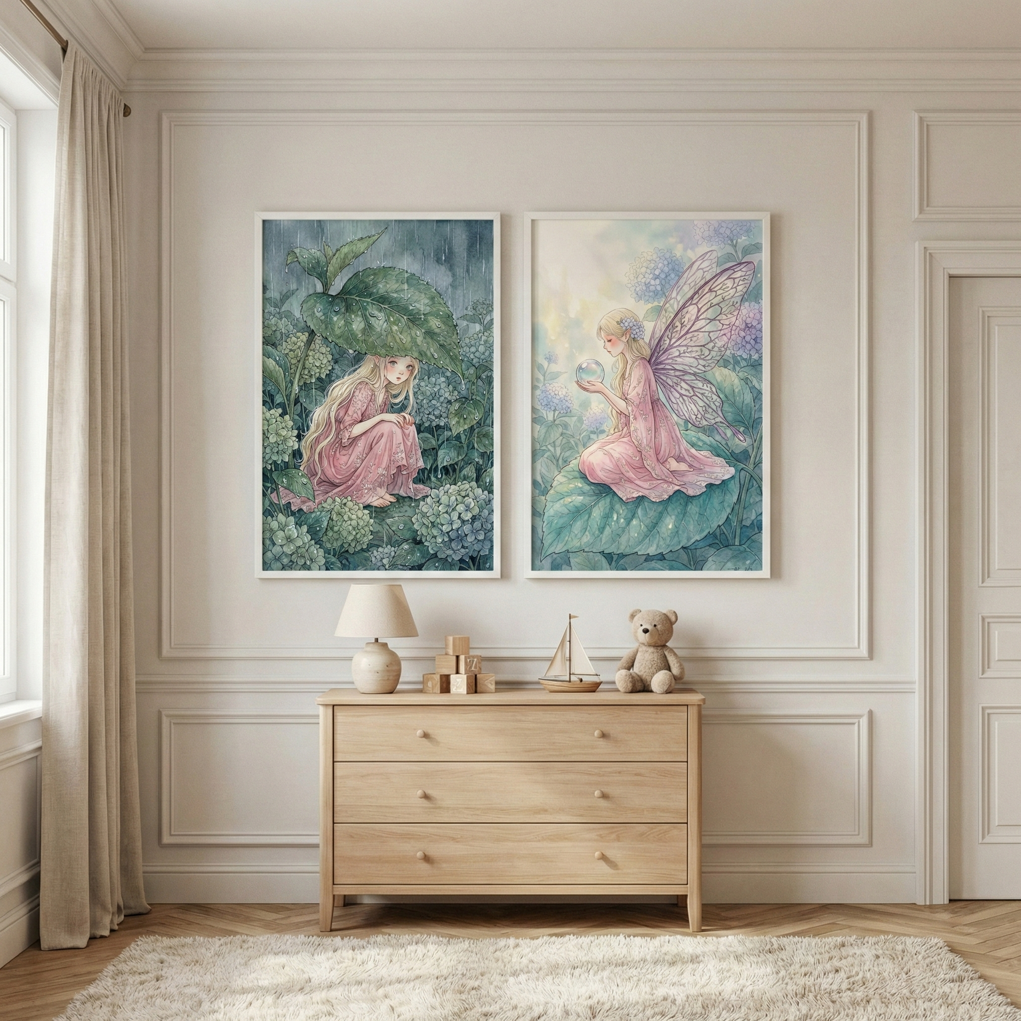 Whimsical Fairy Wall Art Set Of 2 - Hydrangea Sprite Magic