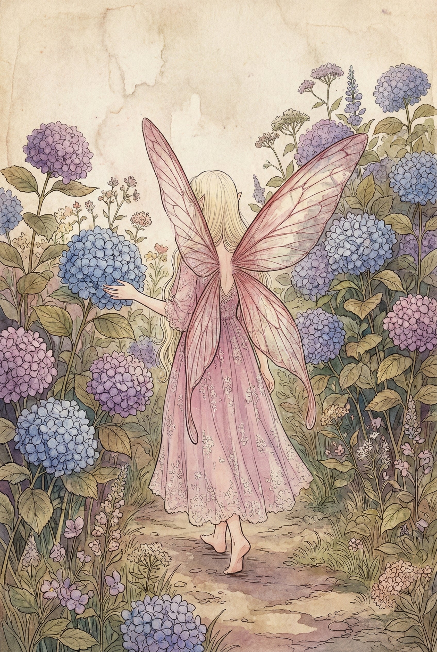 A delicate watercolor style illustration shows a fairy with long blonde hair and large, translucent pink wings walking down a dirt path. She wears a floor-length pink dress with white lace patterns. Her back is to the viewer as she reaches a hand toward a cluster of blue hydrangeas. The path is lined with lush bushes of hydrangeas in shades of blue, purple, and soft pink. The background has an aged, textured appearance like antique paper, creating a dreamlike, whimsical atmosphere.