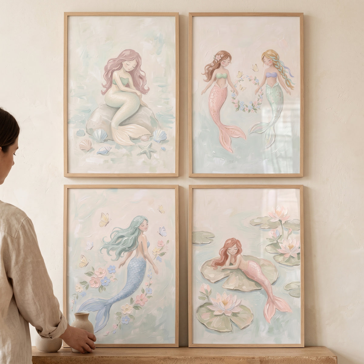 Whimsical Fairytale Ocean Mermaid Wall Art Set of 4 - Pastel Mermaid Dreams