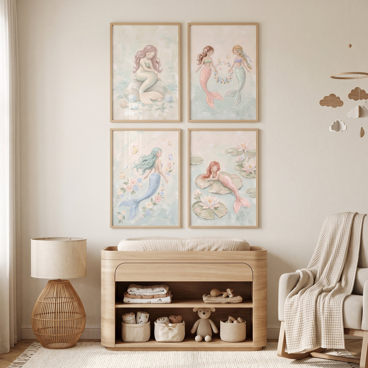Whimsical Fairytale Ocean Mermaid Wall Art Set of 4 - Pastel Mermaid Dreams