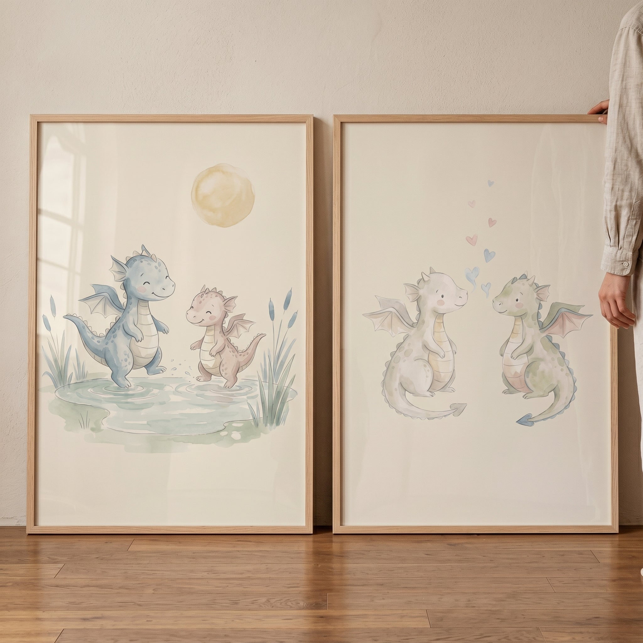 Whimsical Fantasy Baby Dragons Artwork Set of 2 - Playful Dragon Duo