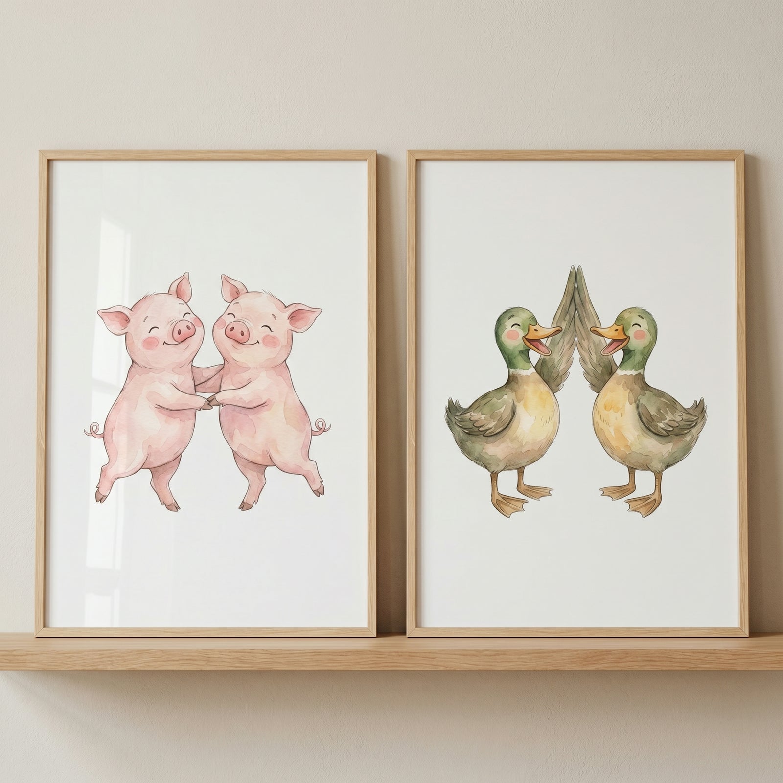 Whimsical farm animal wall art set of 2 featuring watercolor prints of dancing pigs and ducks in light wood frames.