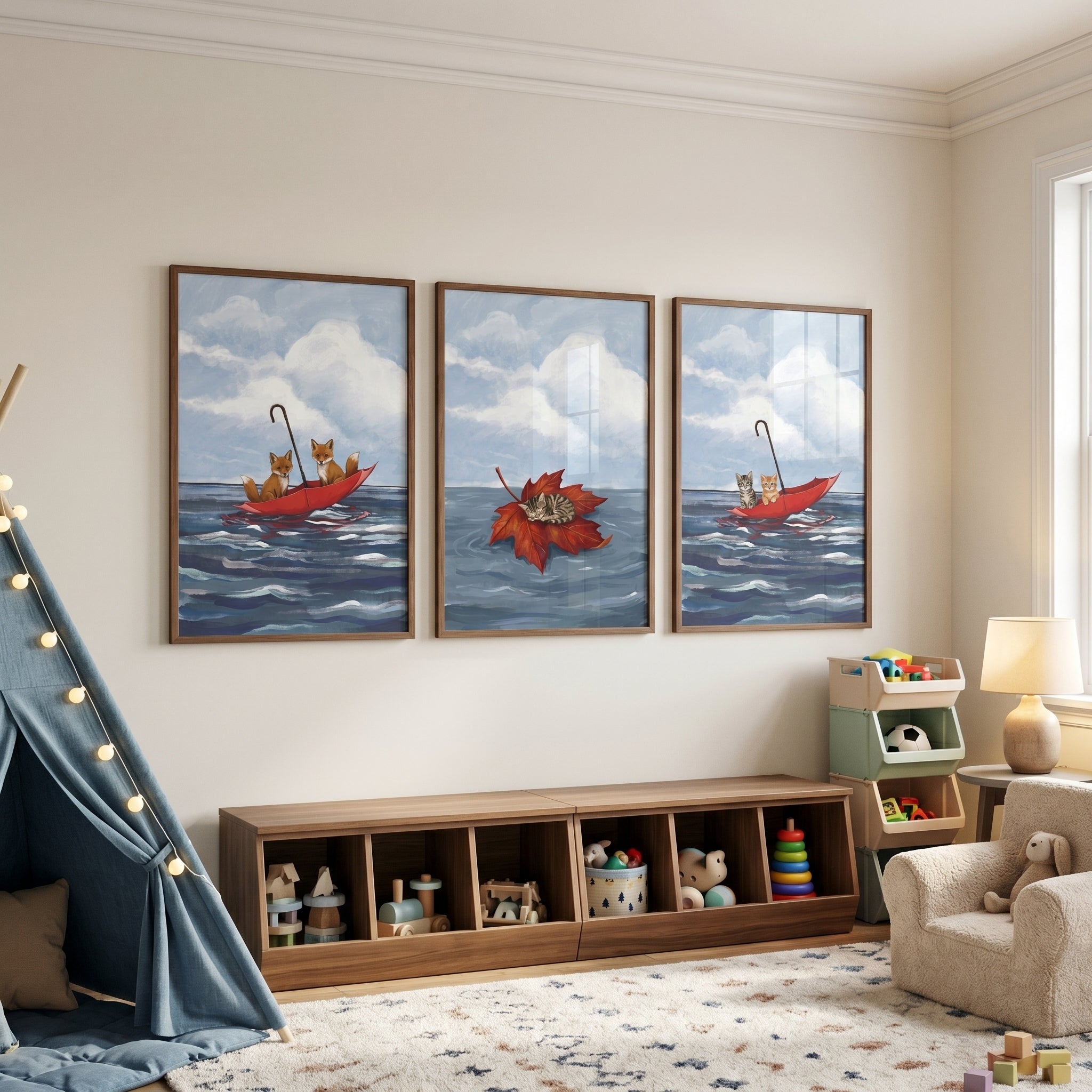 Whimsical Floating Baby Animals Wall Art Set of 3 - Whimsical Water Voyage
