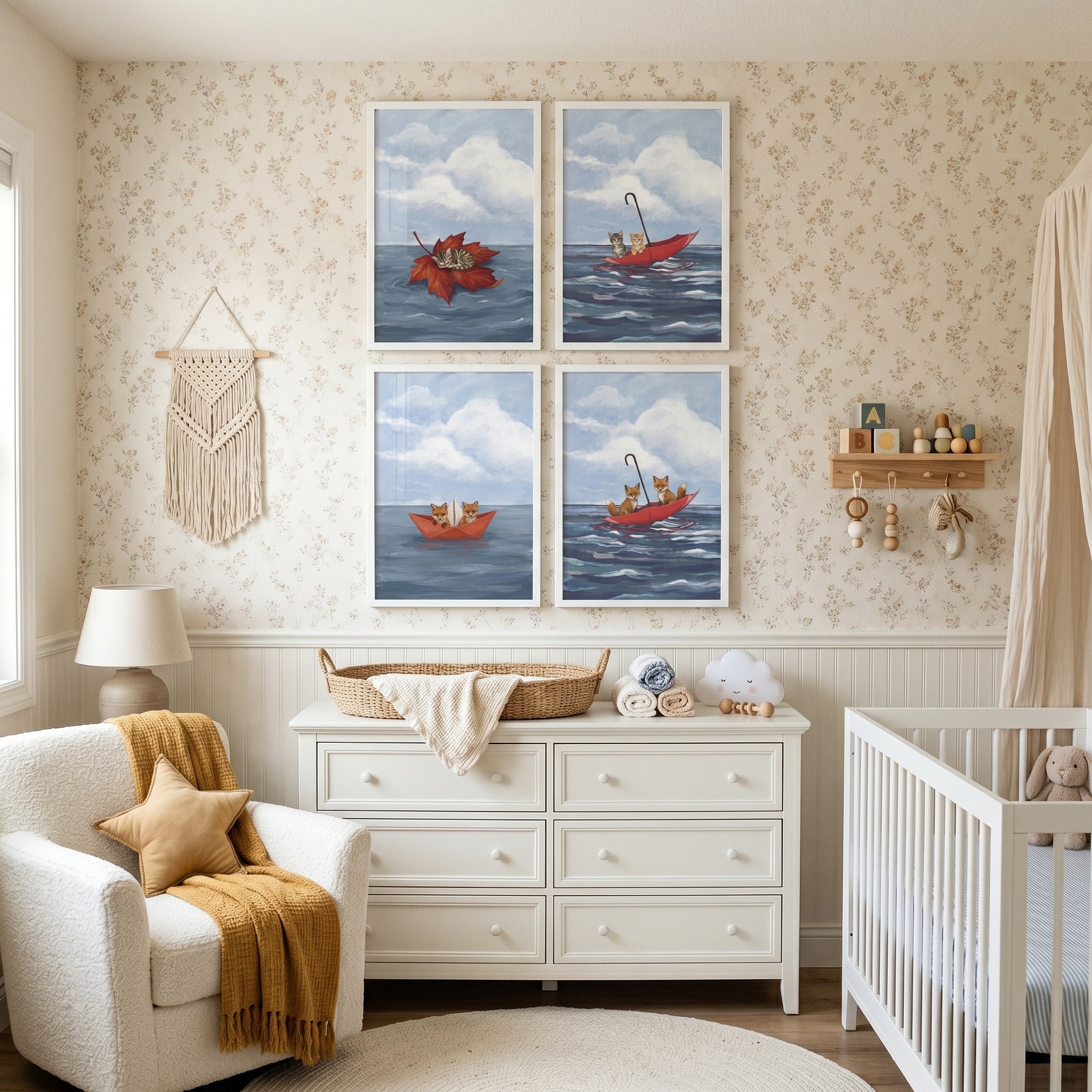 Whimsical Floating Baby Animals Wall Art Set of 4 - Whimsical Water Voyages