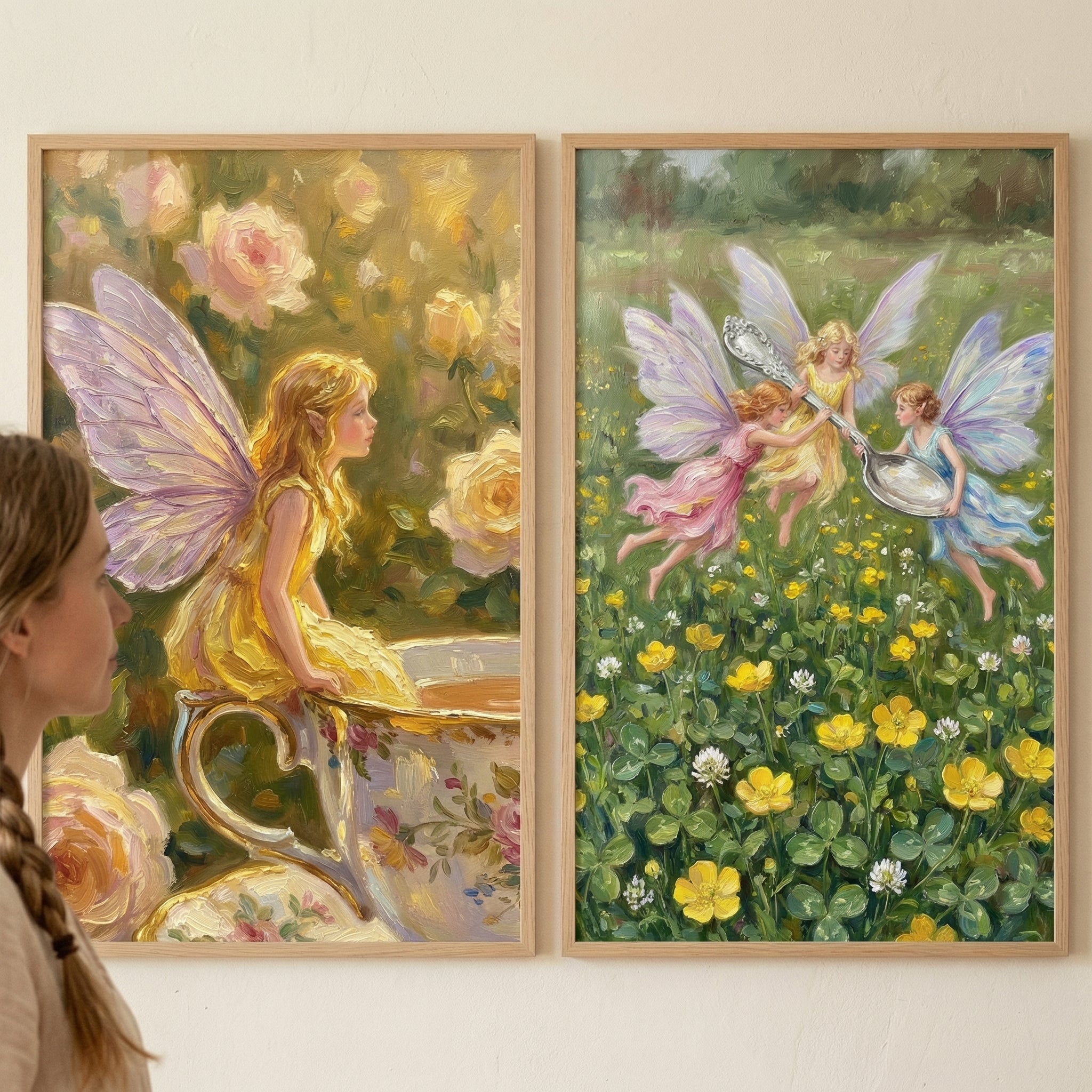 Whimsical Floral Garden Fairies Wall Art Set of 2 - Golden Garden Magic