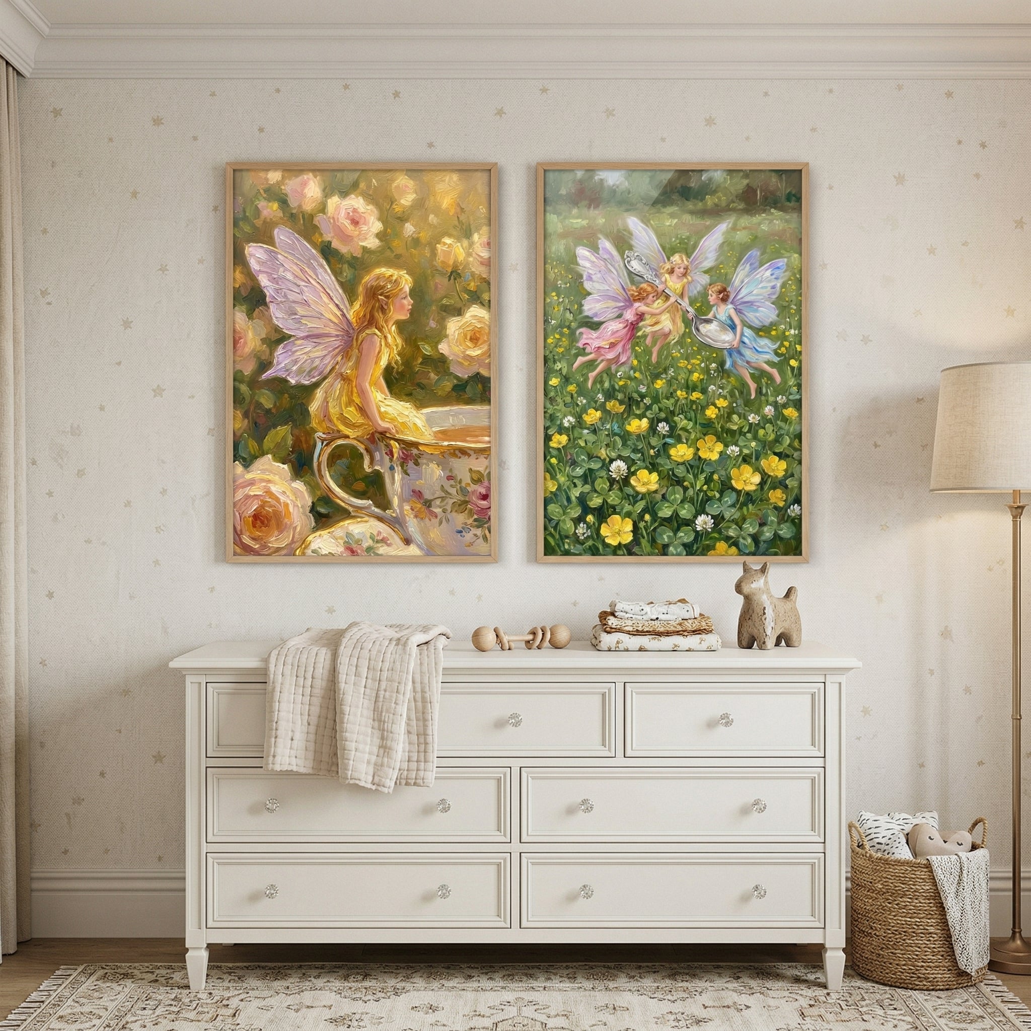 Whimsical Floral Garden Fairies Wall Art Set of 2 - Golden Garden Magic