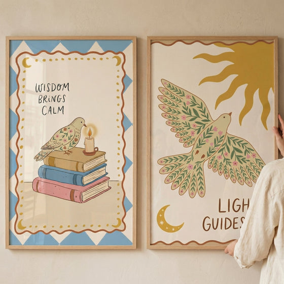 Whimsical Floral Patterned Bird Wall Art Set of 2 - Serene Wisdom Art