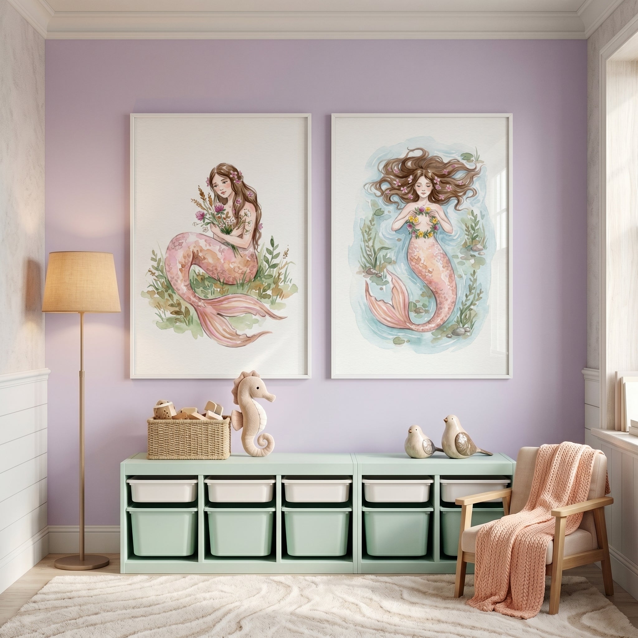 Whimsical Floral Pink Mermaid Wall Art Set of 2 - Floral Mermaid Duo