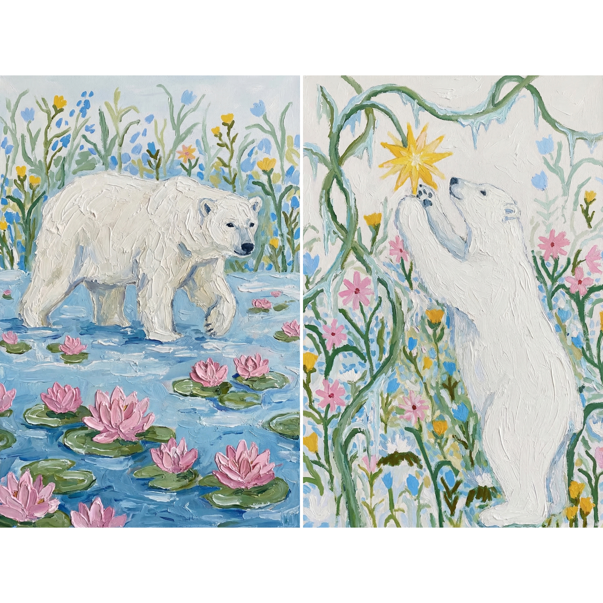 Whimsical Floral Polar Bear Wall Art Set of 2 - Arctic Bloom Dream