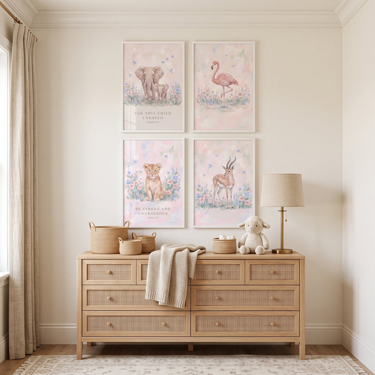 Whimsical Floral Safari Animals Wall Art Set Of 4 - Savannah Blessing Prints