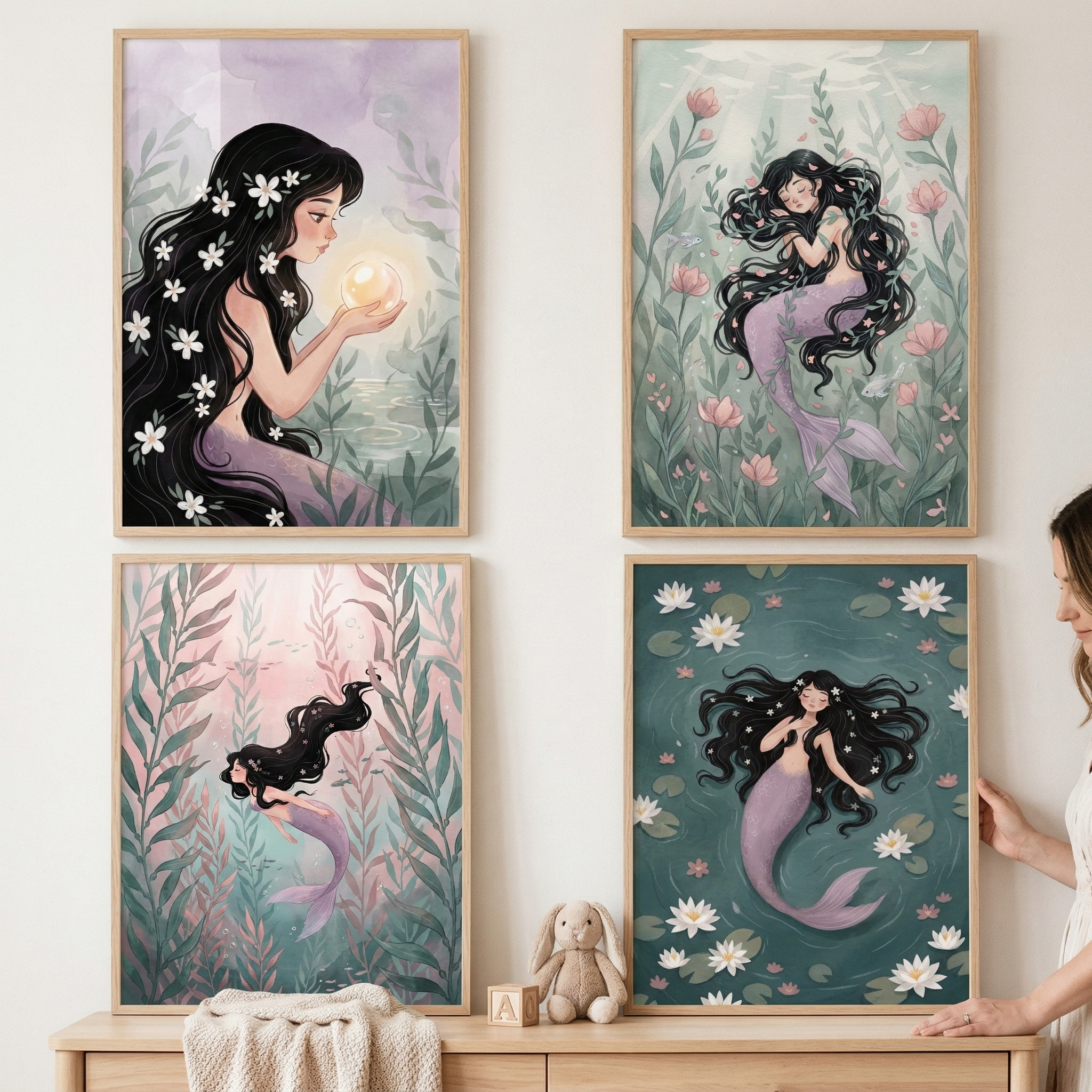 Whimsical Floral Underwater Mermaid Wall Art Set of 4 - Ethereal Mermaid Dreams