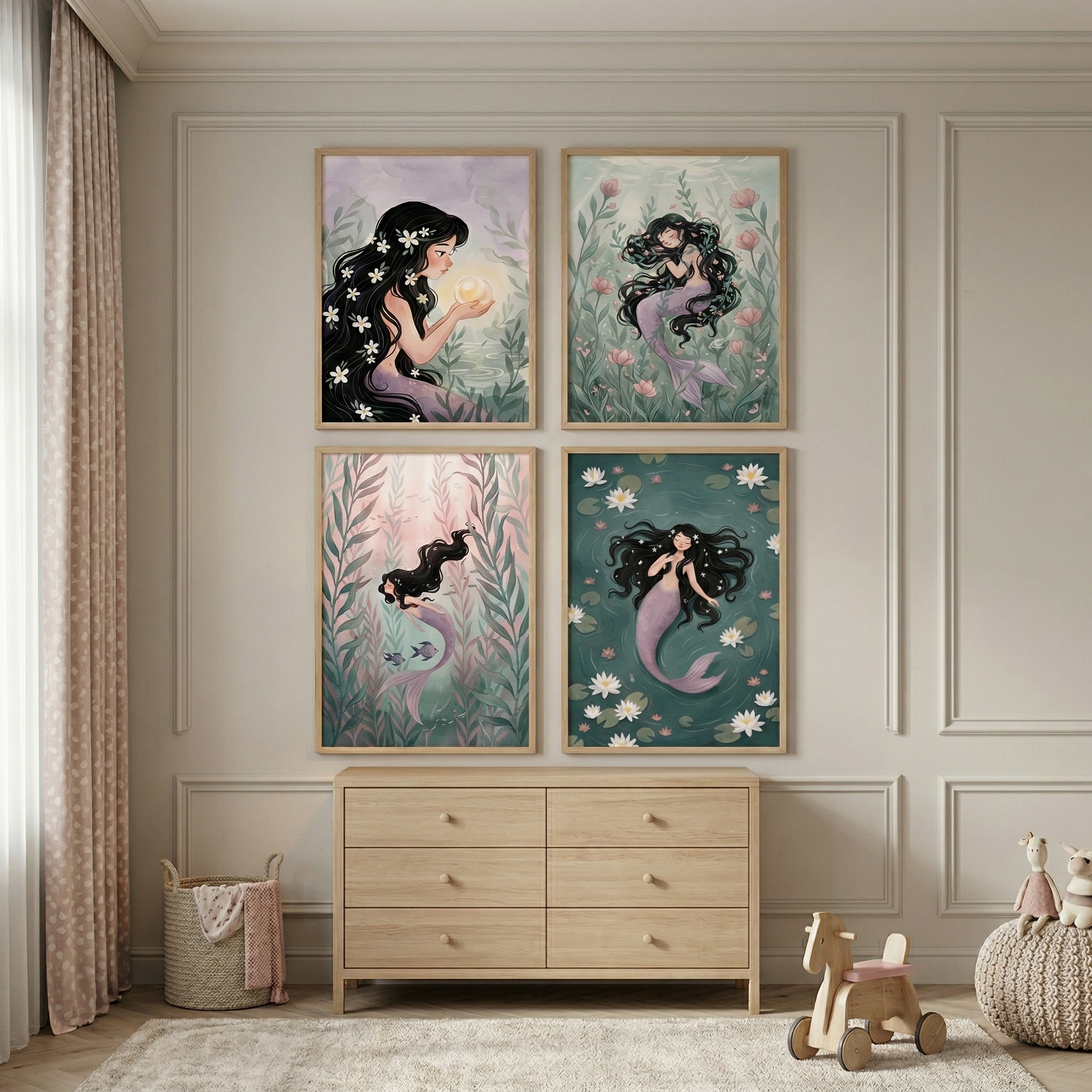 Four framed illustrations of a mermaid with long dark hair are displayed in a grid on a wall with classic molding. Each image shows a different scene: holding a light, swimming through flowers, moving through sea plants, and floating among water lilies. Below them is a six-drawer wooden dresser. To the right is a wooden rocking horse and a soft pouf. To the left, a woven basket sits by patterned curtains. The room has a soft, serene aesthetic with a light-colored rug on the floor.
