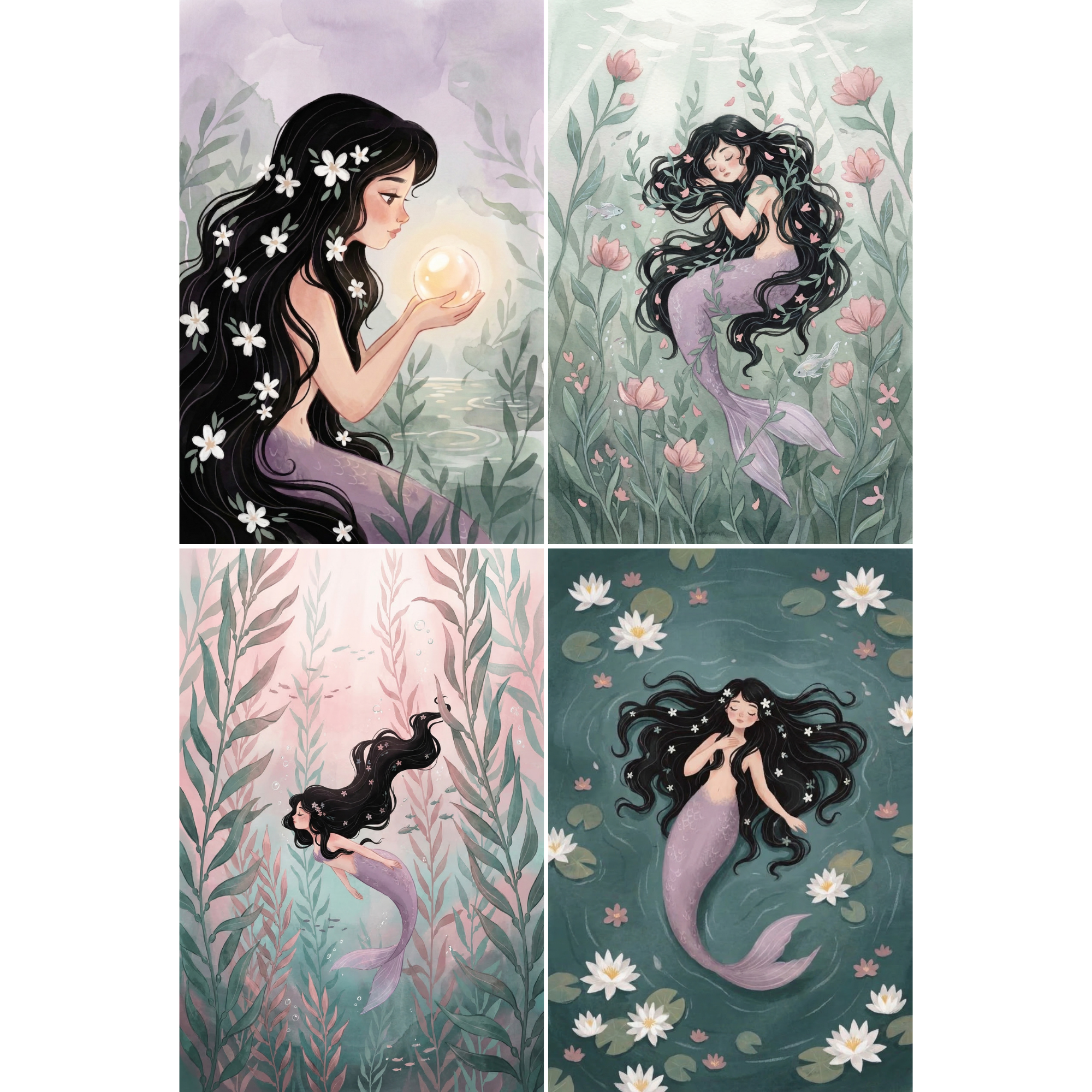 Whimsical Floral Underwater Mermaid Wall Art Set of 4 - Ethereal Mermaid Dreams