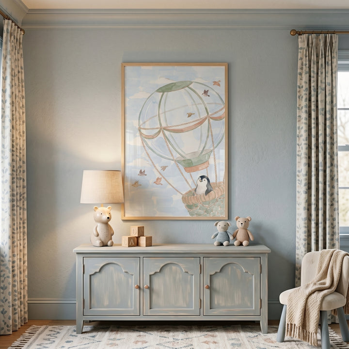 Nursery with whimsical flying sky penguin wall art above a blue sideboard, a bear lamp, and stuffed toys.