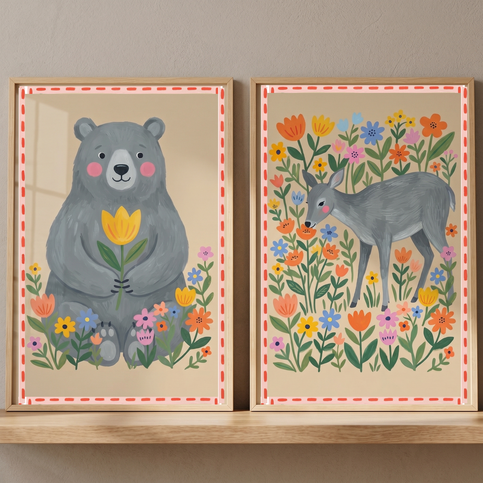 Whimsical folk forest animals wall art set of 2 featuring a grey bear holding a tulip and a deer among colorful flowers.