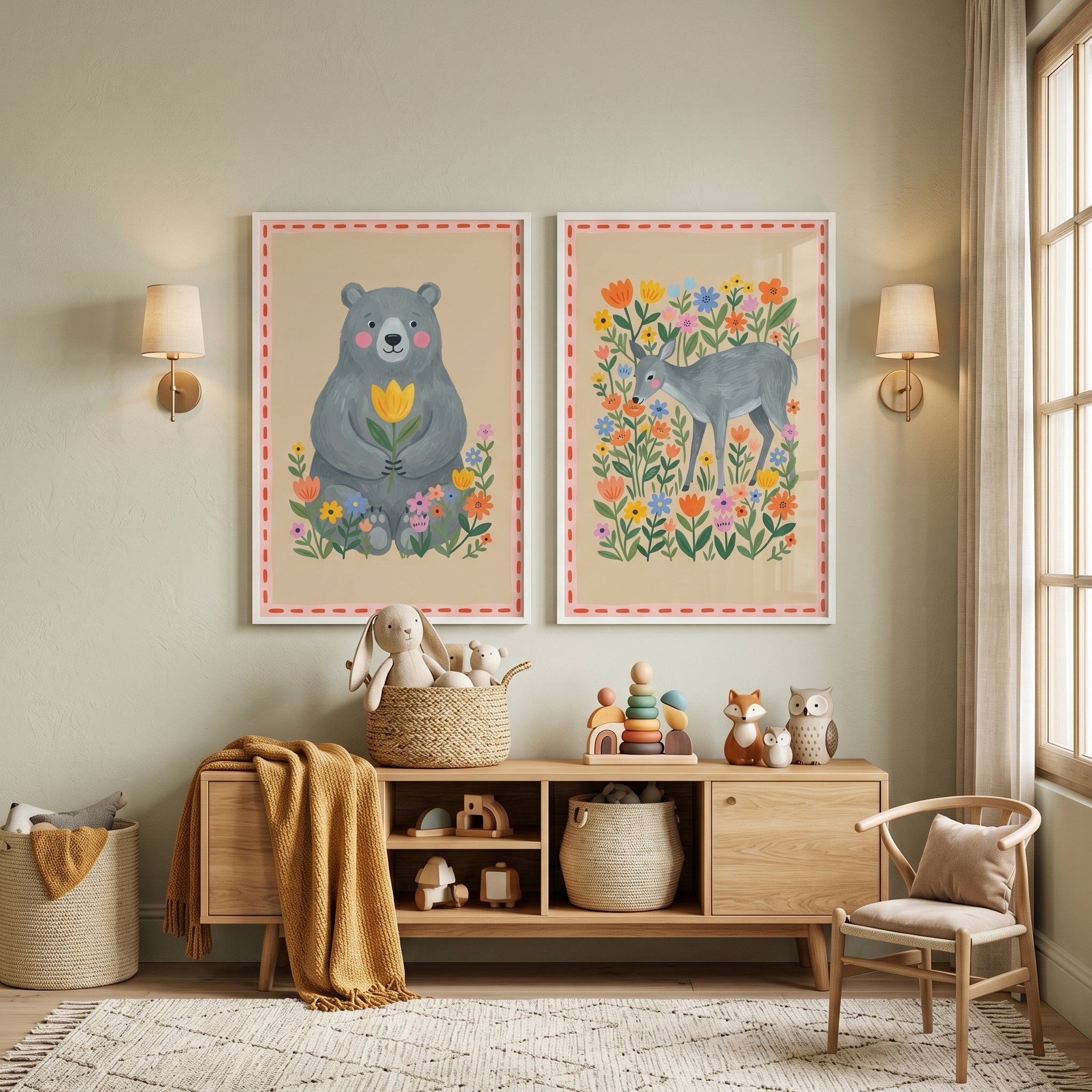 Whimsical Folk Forest Animals Wall Art Set Of 2 - Forest Friends Duo