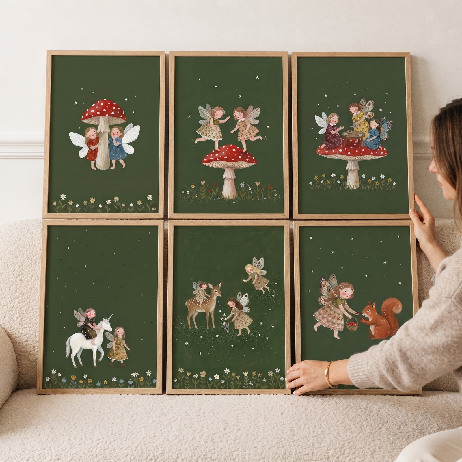 Whimsical folk forest fairies wall art set of 6 prints with mushrooms and forest animals on a dark green background.