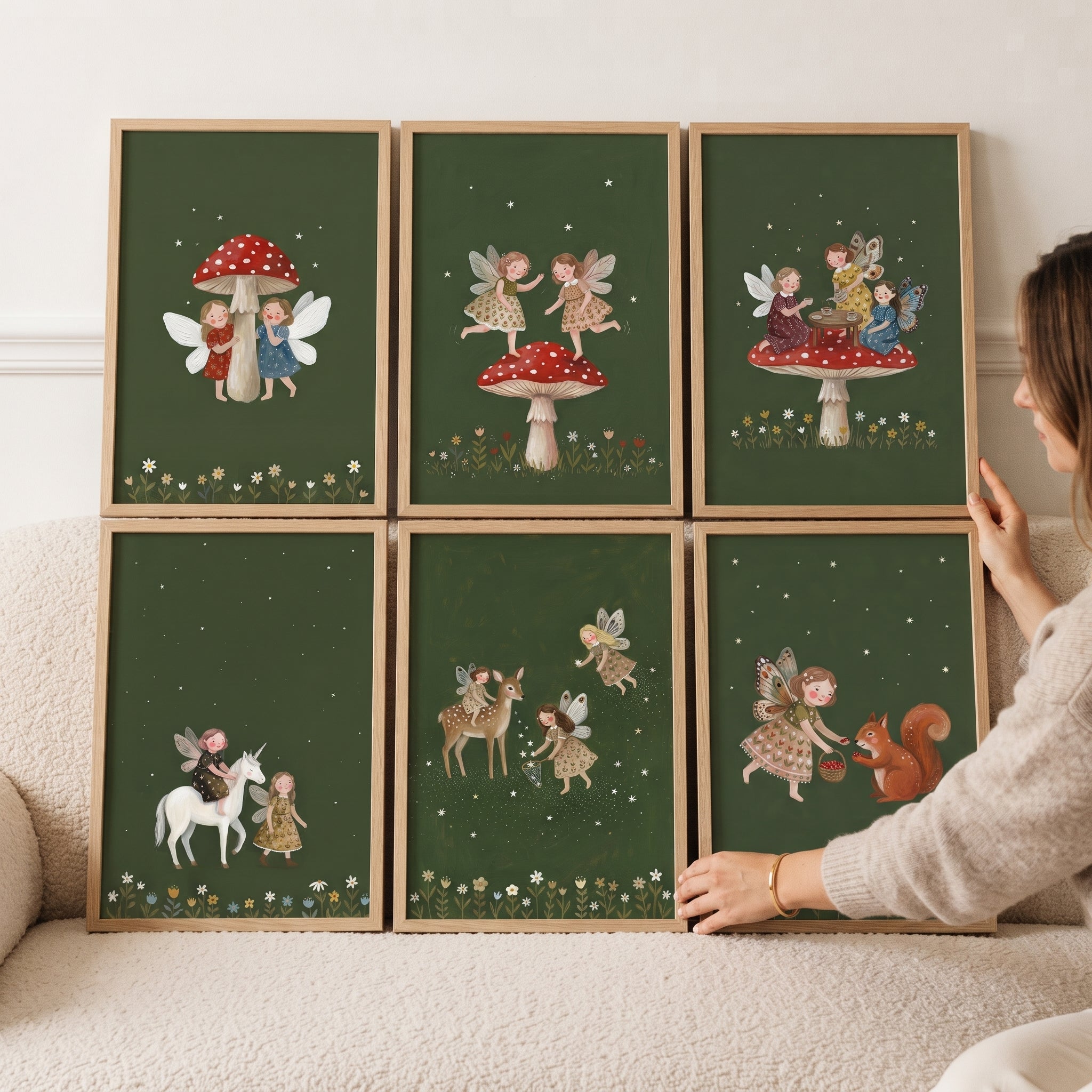 Whimsical Folk Forest Fairies Wall Art Set of 6 - Enchanted Forest Sprites