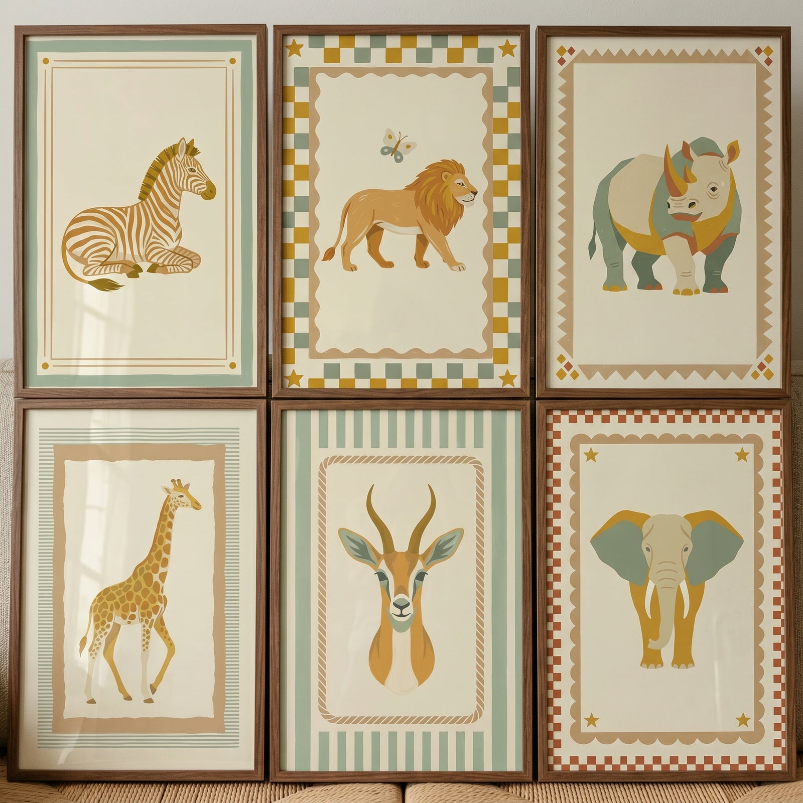 Whimsical folk safari animal wall art set of 6 featuring a zebra, lion, rhino, giraffe, gazelle, and elephant.