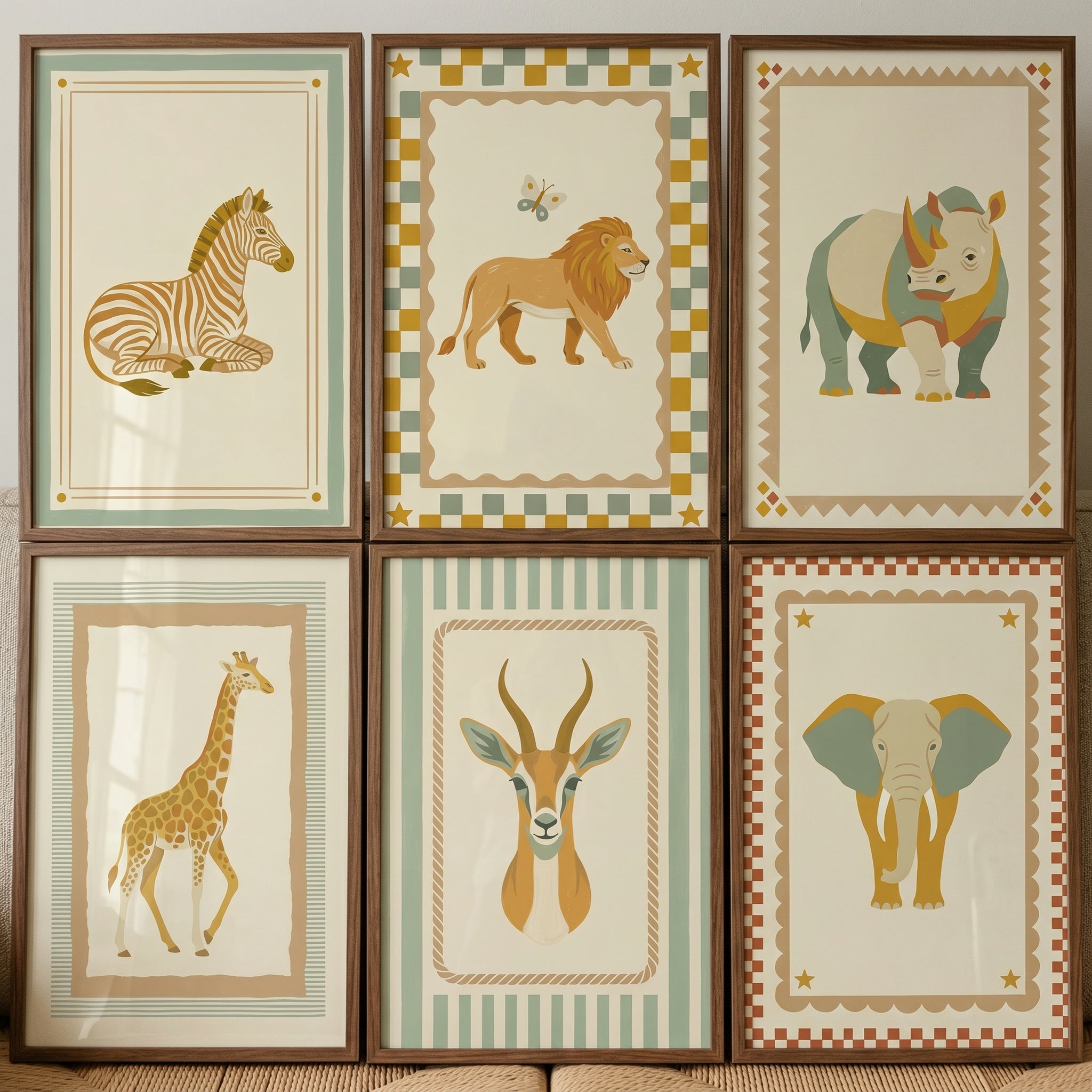 Whimsical Folk Safari Animal Wall Art Set of 6 - Wild Savanna Prints