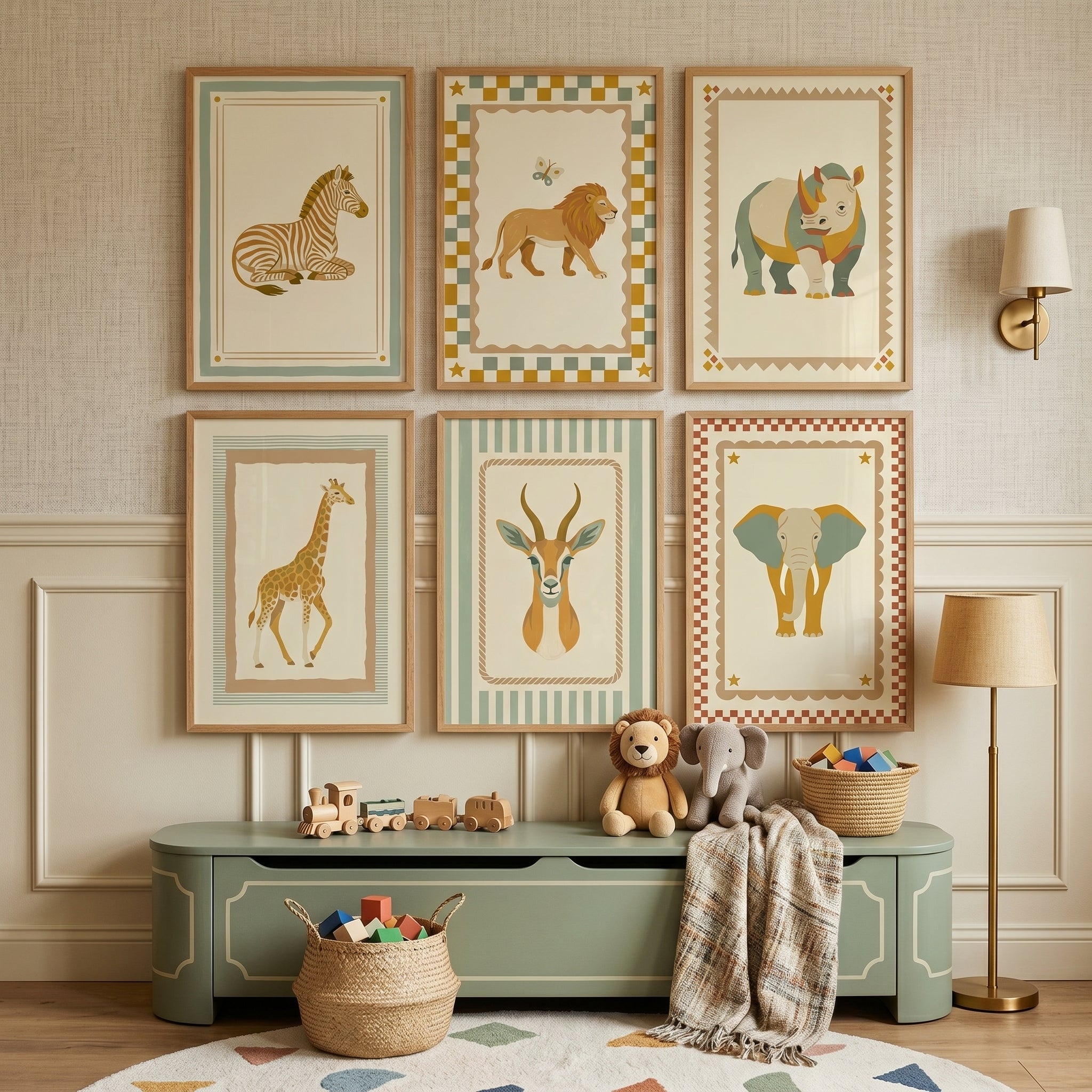 Whimsical Folk Safari Animal Wall Art Set of 6 - Wild Savanna Prints