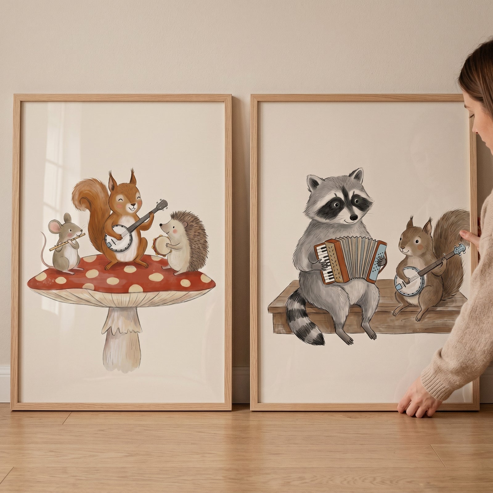 Whimsical forest band animals wall art set of 2 featuring woodland creatures playing instruments on a mushroom and bench.
