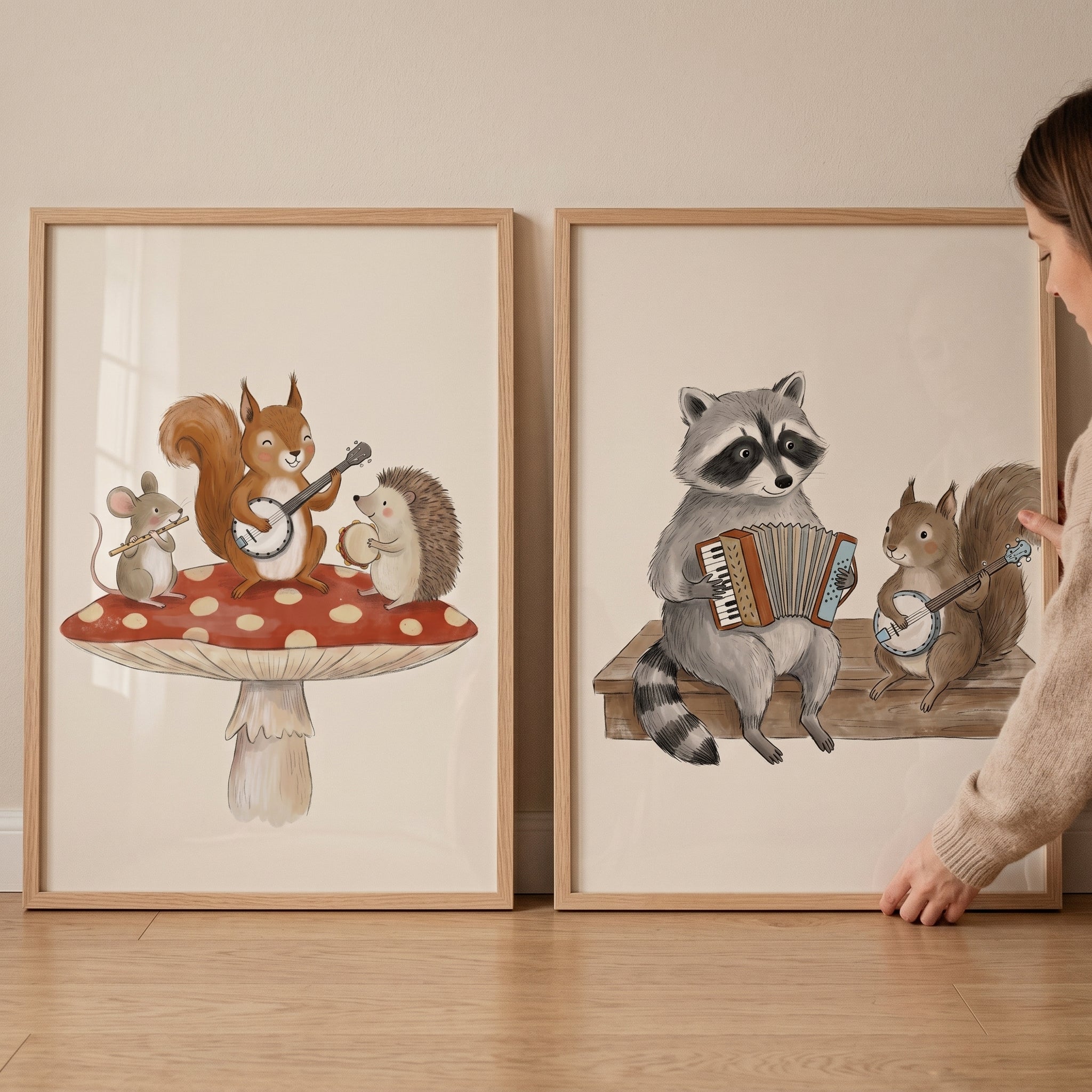 Whimsical Forest Band Animals Wall Art Set Of 2 - Woodland Folk Band