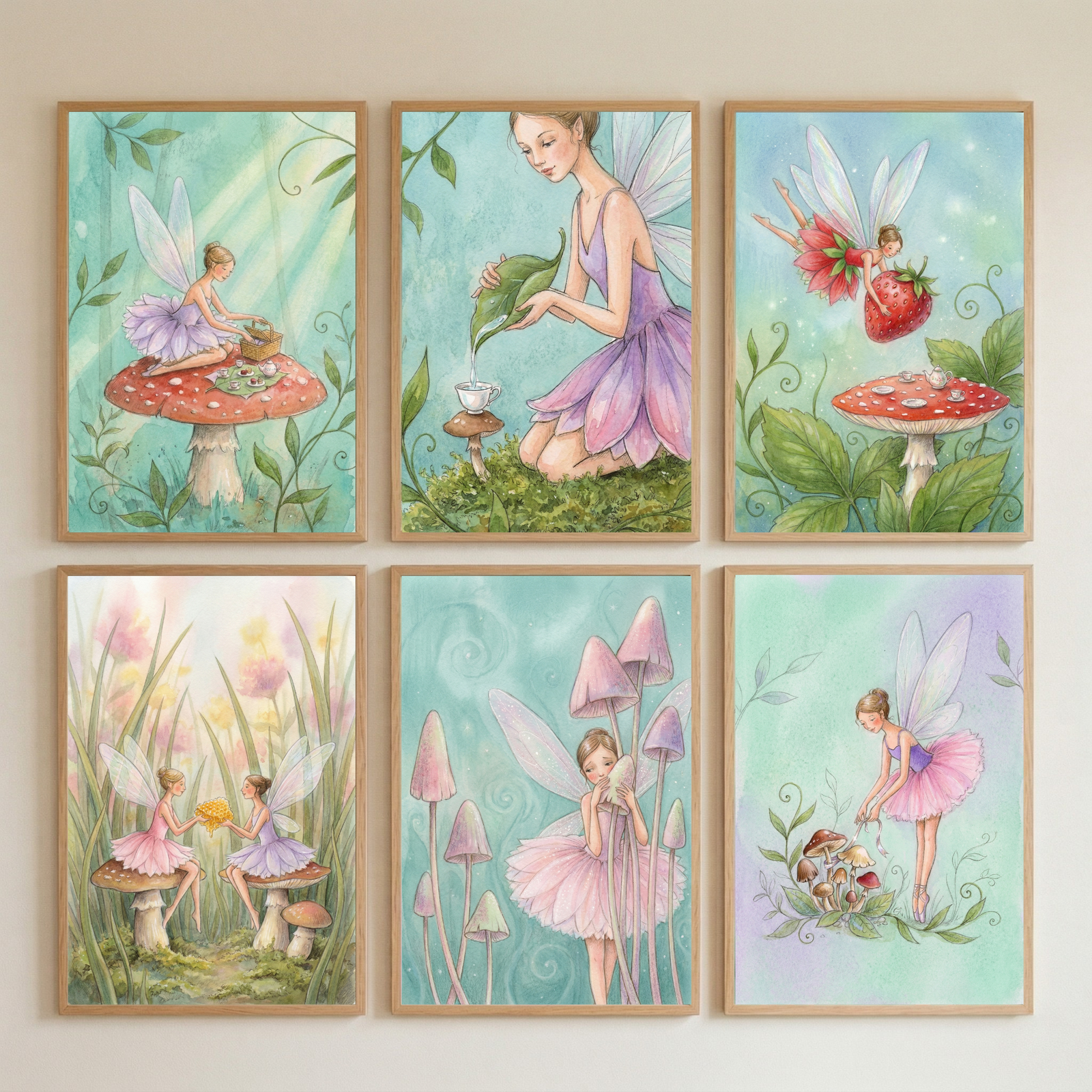 Six framed watercolor-style illustrations are arranged in two rows of three on a light-colored wall. Each artwork depicts a different scene featuring whimsical fairies with translucent wings in enchanted woodland settings. The figures wear delicate tutu-like dresses in shades of pink and purple. They interact with large mushrooms, berries, and foliage in a soft pastel color palette of greens, pinks, and purples. The frames are made of light-toned wood. A person is partially visible on the right side.