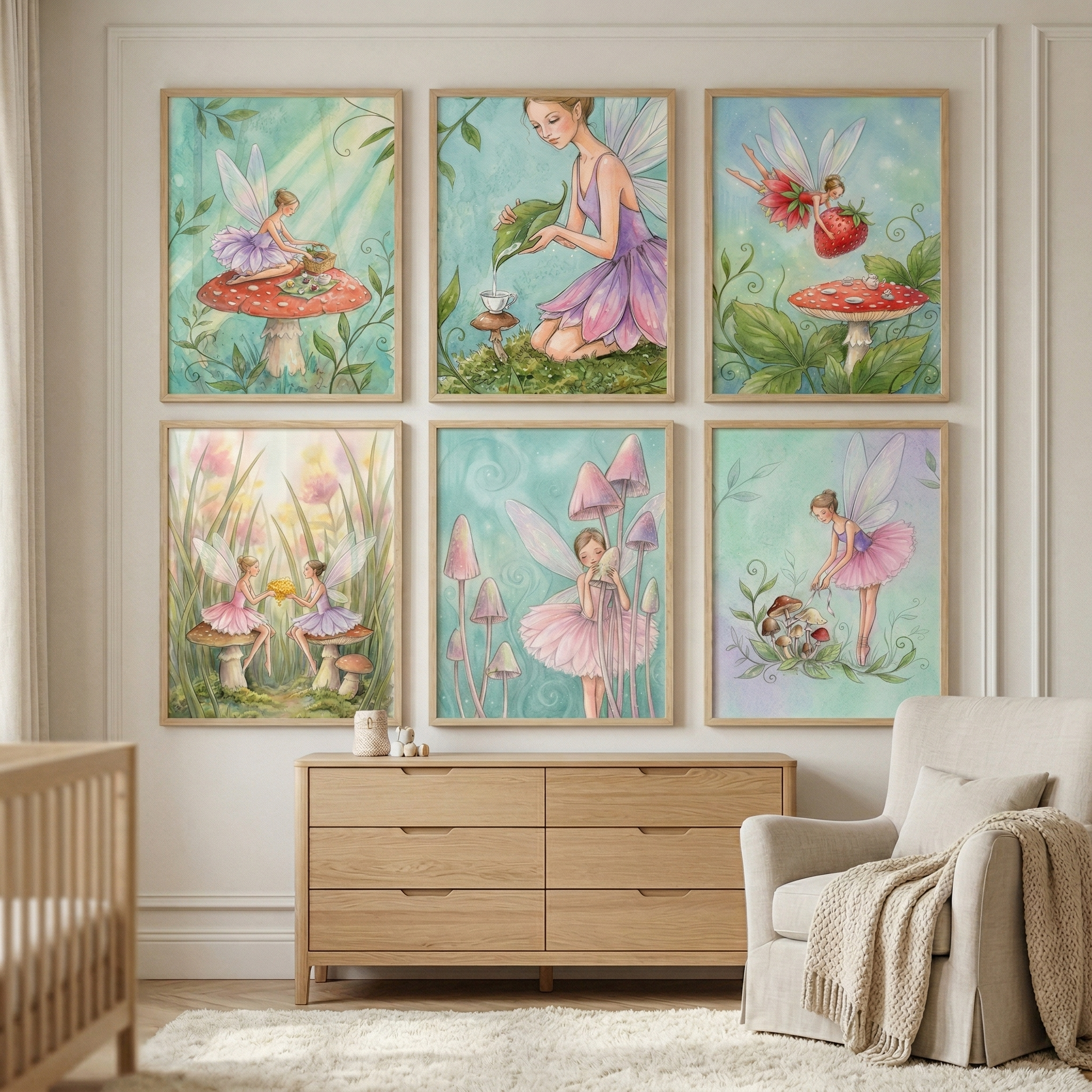 Whimsical Forest Fairies Wall Art Set of 6 - Enchanted Garden Sprites