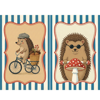 Vintage style two panel illustration of cheerful hedgehogs framed in ornate cream panels against blue and white striped backgrounds. The left panel shows a hedgehog in a gray cap riding a blue tricycle with a basket of pinecones and red berries while the right panel shows a hedgehog in round black sunglasses holding a large red mushroom with white spots.
