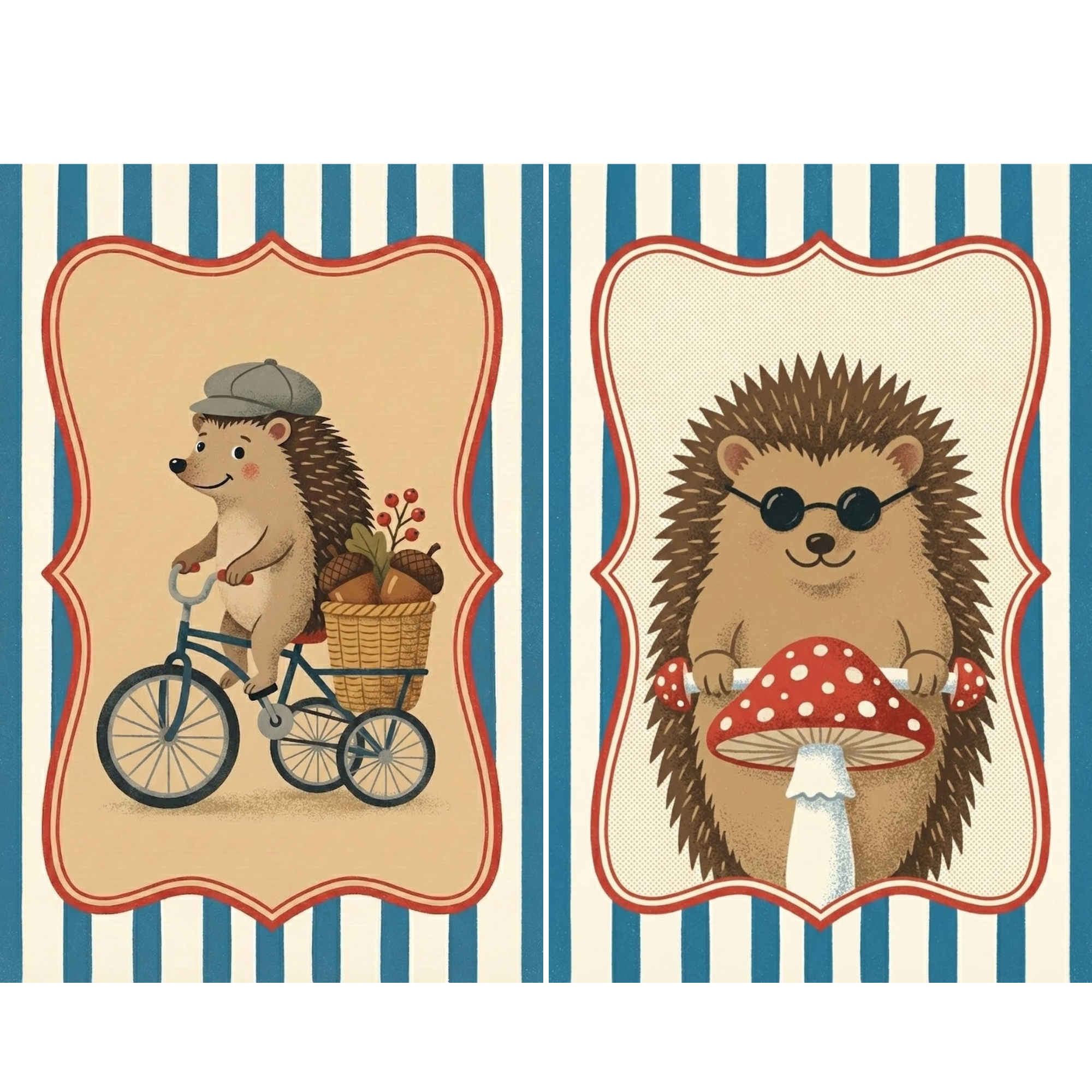 Vintage style two panel illustration of cheerful hedgehogs framed in ornate cream panels against blue and white striped backgrounds. The left panel shows a hedgehog in a gray cap riding a blue tricycle with a basket of pinecones and red berries while the right panel shows a hedgehog in round black sunglasses holding a large red mushroom with white spots.
