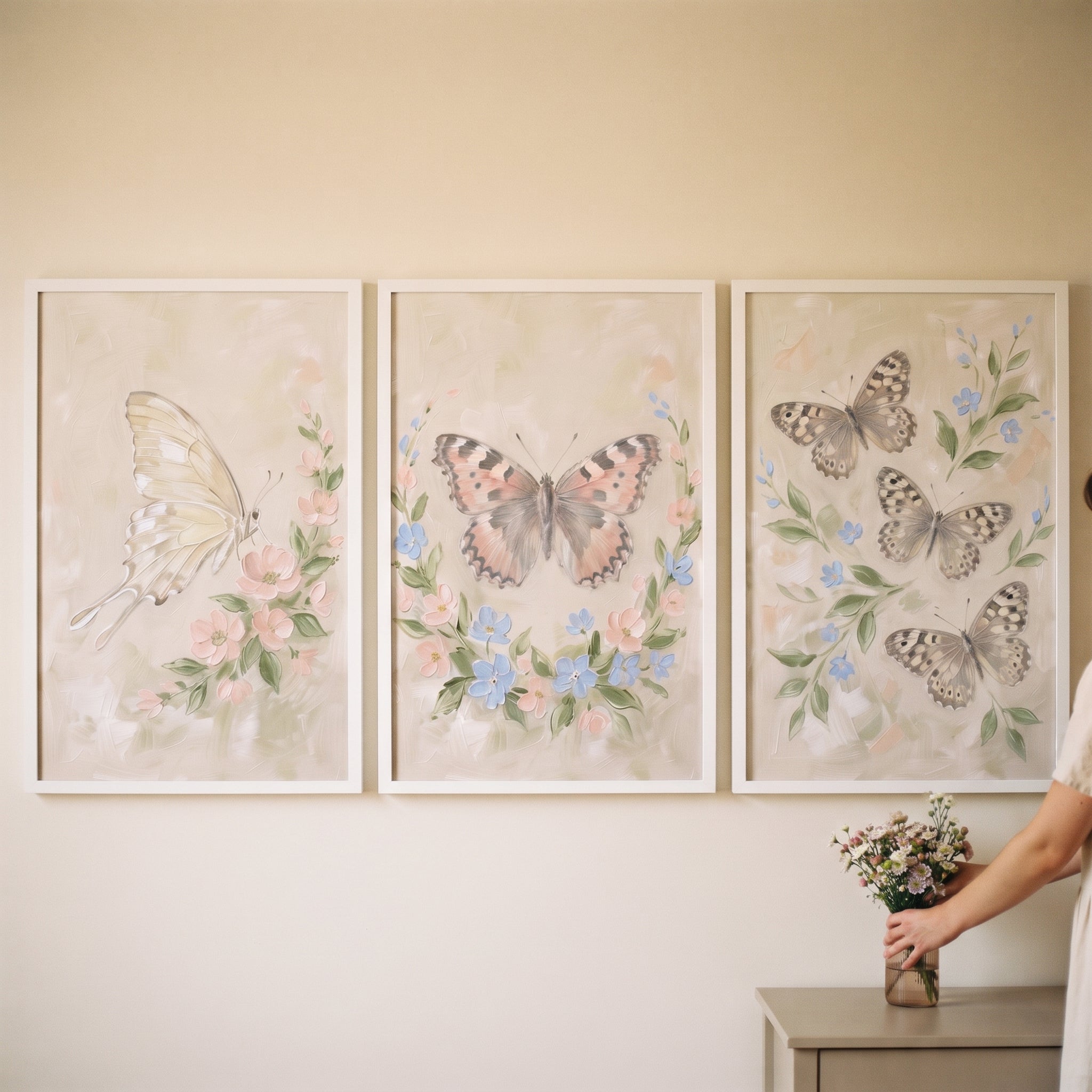 Whimsical Garden Pastel Butterfly Wall Art Set of 3 - Floral Meadow Flight