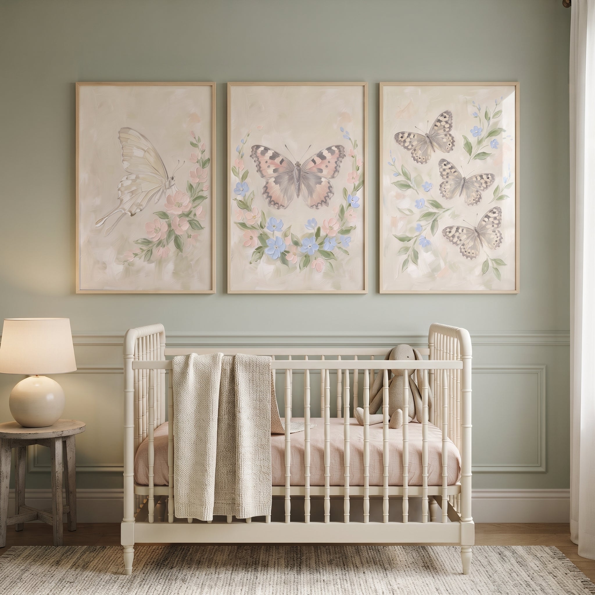Whimsical Garden Pastel Butterfly Wall Art Set of 3 - Floral Meadow Flight