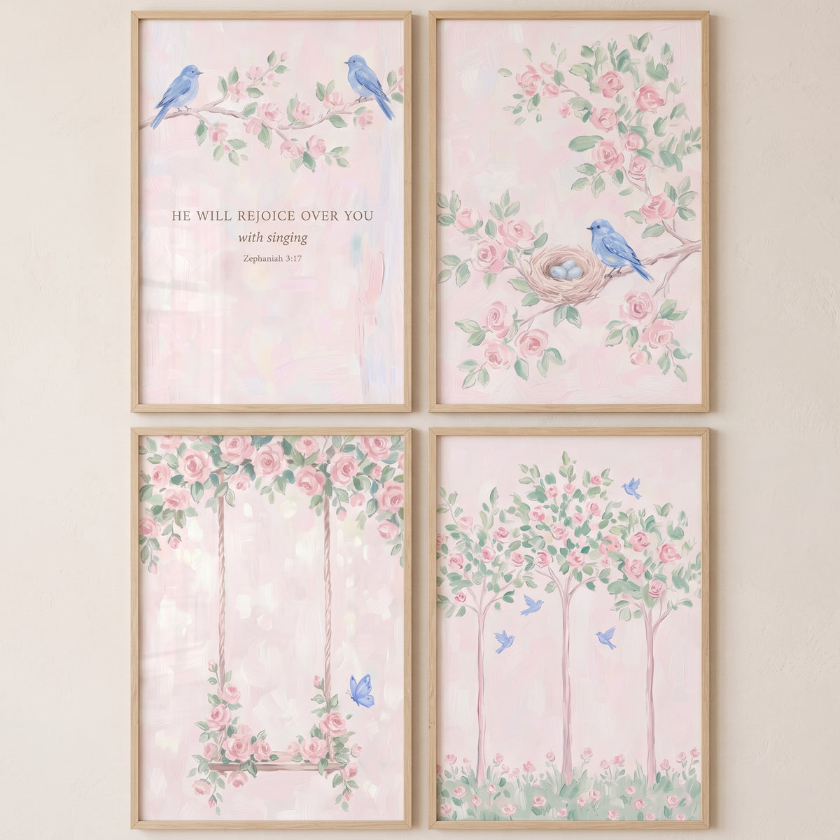 Whimsical garden pink rose wall art set of 4 with blue birds, a floral swing, and a Bible verse on pink backgrounds.