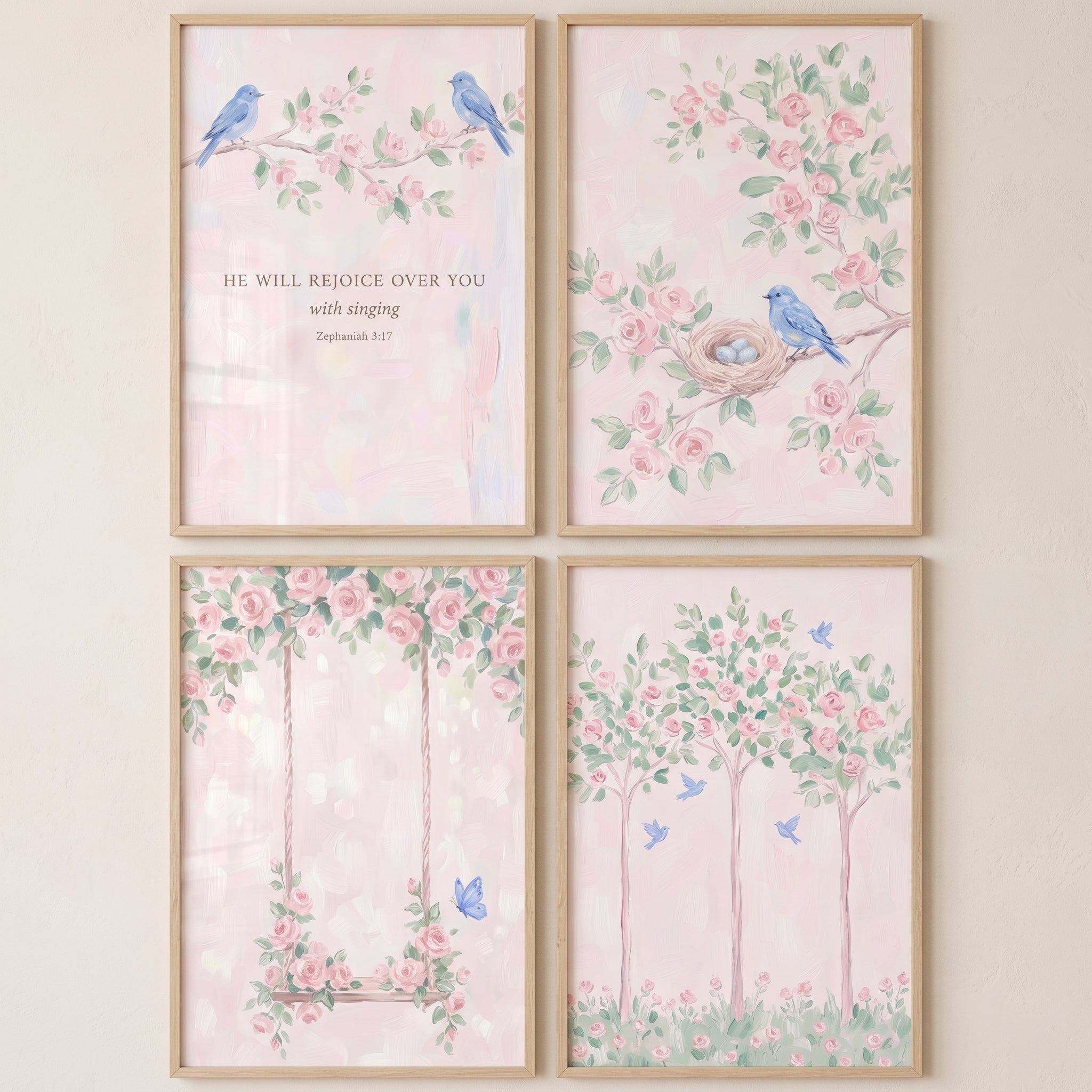 Whimsical Garden Pink Rose Wall Art Set of 4 - Floral Songbird Haven