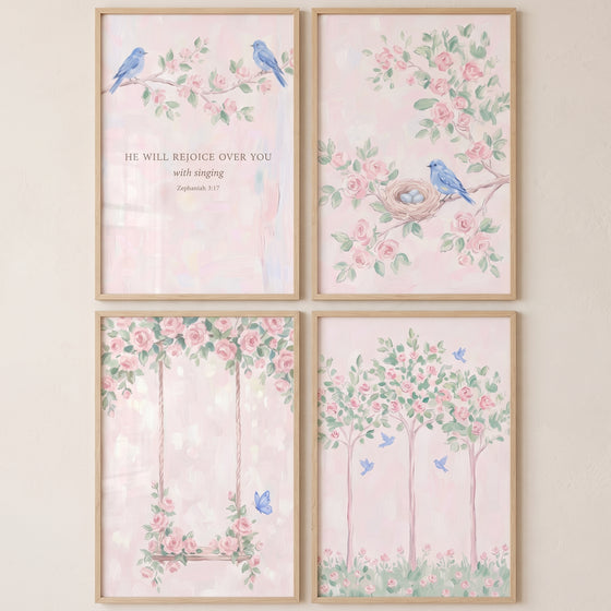 Whimsical garden pink rose wall art set of 4 with blue birds, a floral swing, and a Bible verse on pink backgrounds.