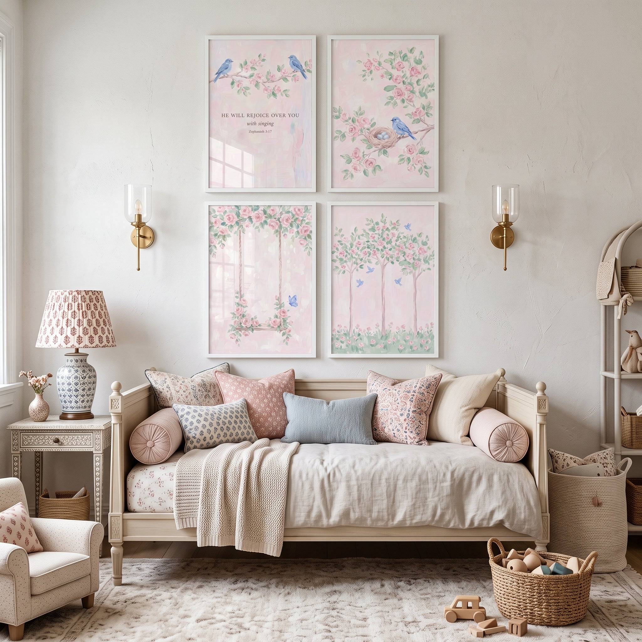 Whimsical Garden Pink Rose Wall Art Set of 4 - Floral Songbird Haven