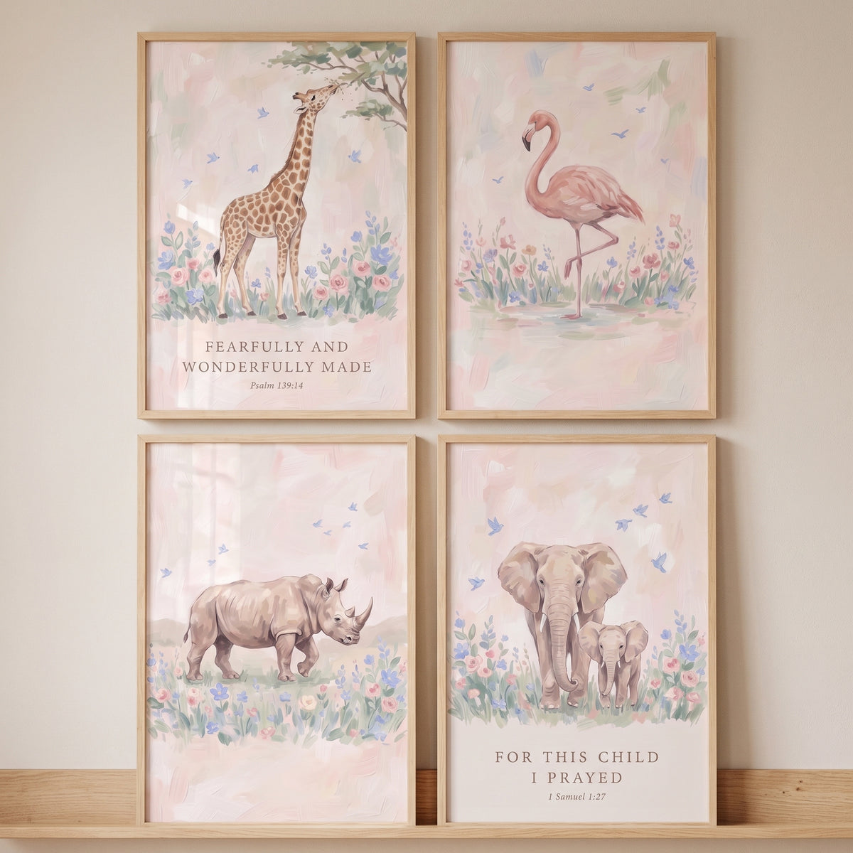 Whimsical garden safari animals artwork set of 4 includes a giraffe, flamingo, rhino, and elephants with biblical verses.
