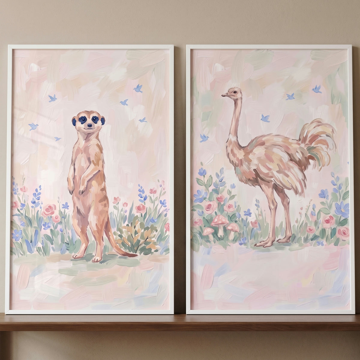 Whimsical garden safari animals wall art set of 2 featuring a meerkat and an ostrich among pastel flowers and blue birds.