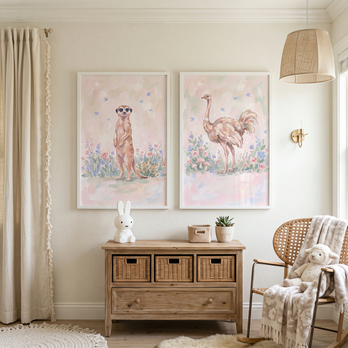 Whimsical Garden Safari Animals Wall Art Set of 2 - Gentle Safari Blooms