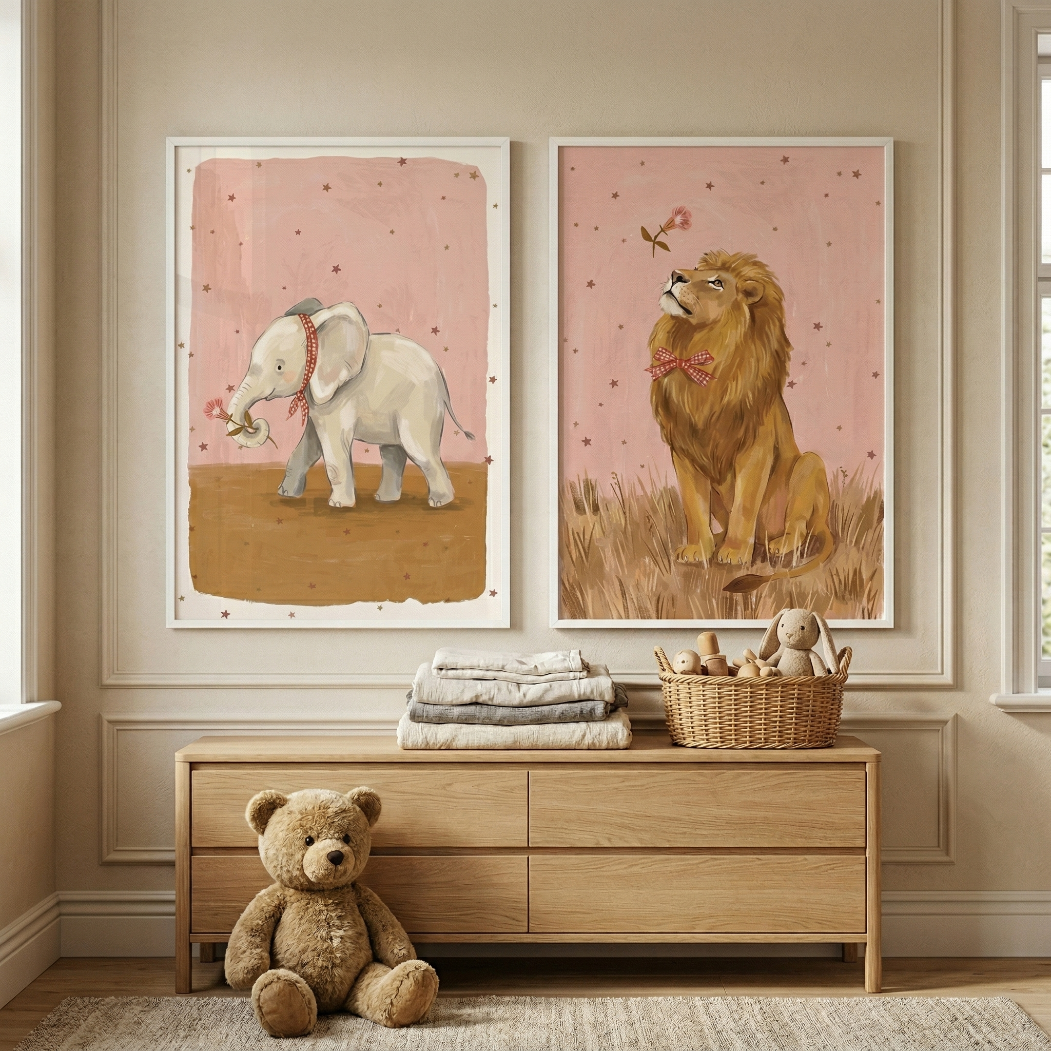 Whimsical Gingham Safari Animal Wall Art Set of 2 - Whimsical Safari Pals