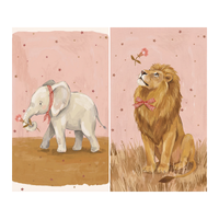 Two illustrated safari animals on a pink background including an elephant holding a flower with its trunk and a lion sitting in grass looking up at a flower. Both animals wear red gingham accessories adding a gentle whimsical theme.
