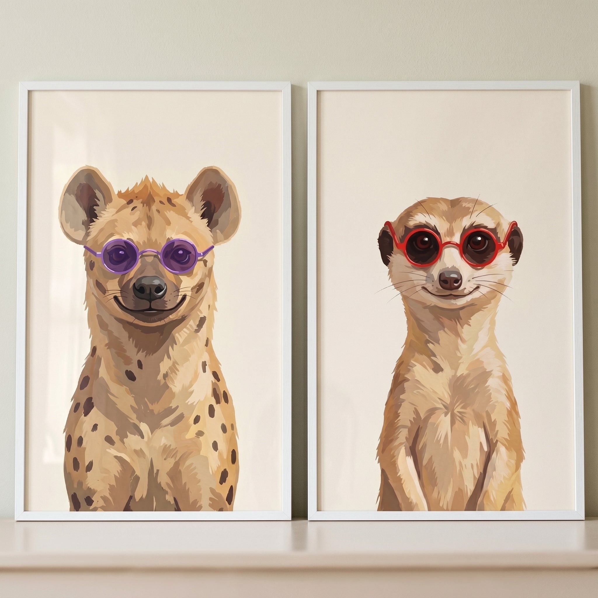 Whimsical Glasses Safari Animals Wall Art Set of 2 - Shaded Safari Duo