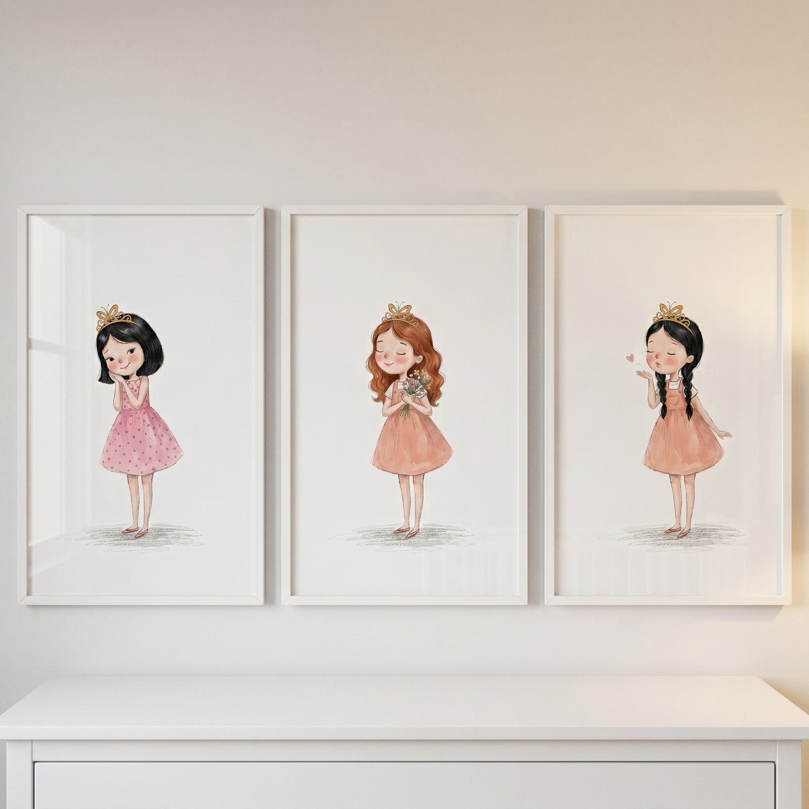 Whimsical gold crown girl wall art set of 3 features three framed illustrations of girls in pink and peach dresses.