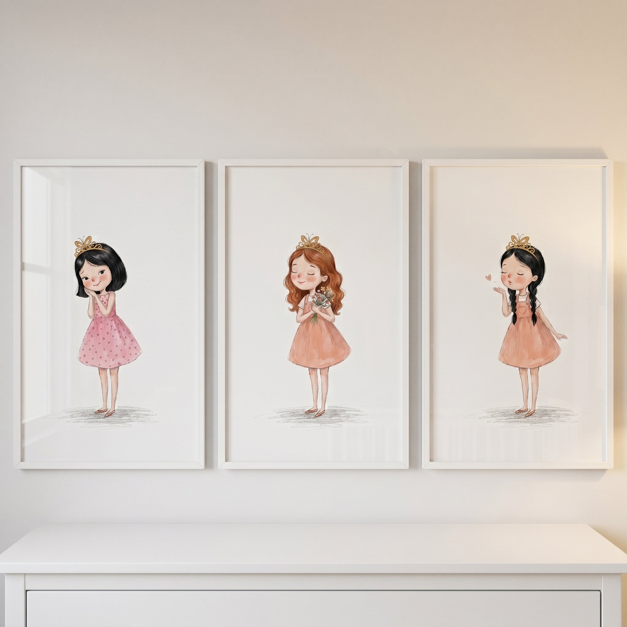 Whimsical Gold Crown Girl Wall Art Set Of 3 - Little Crown Trio