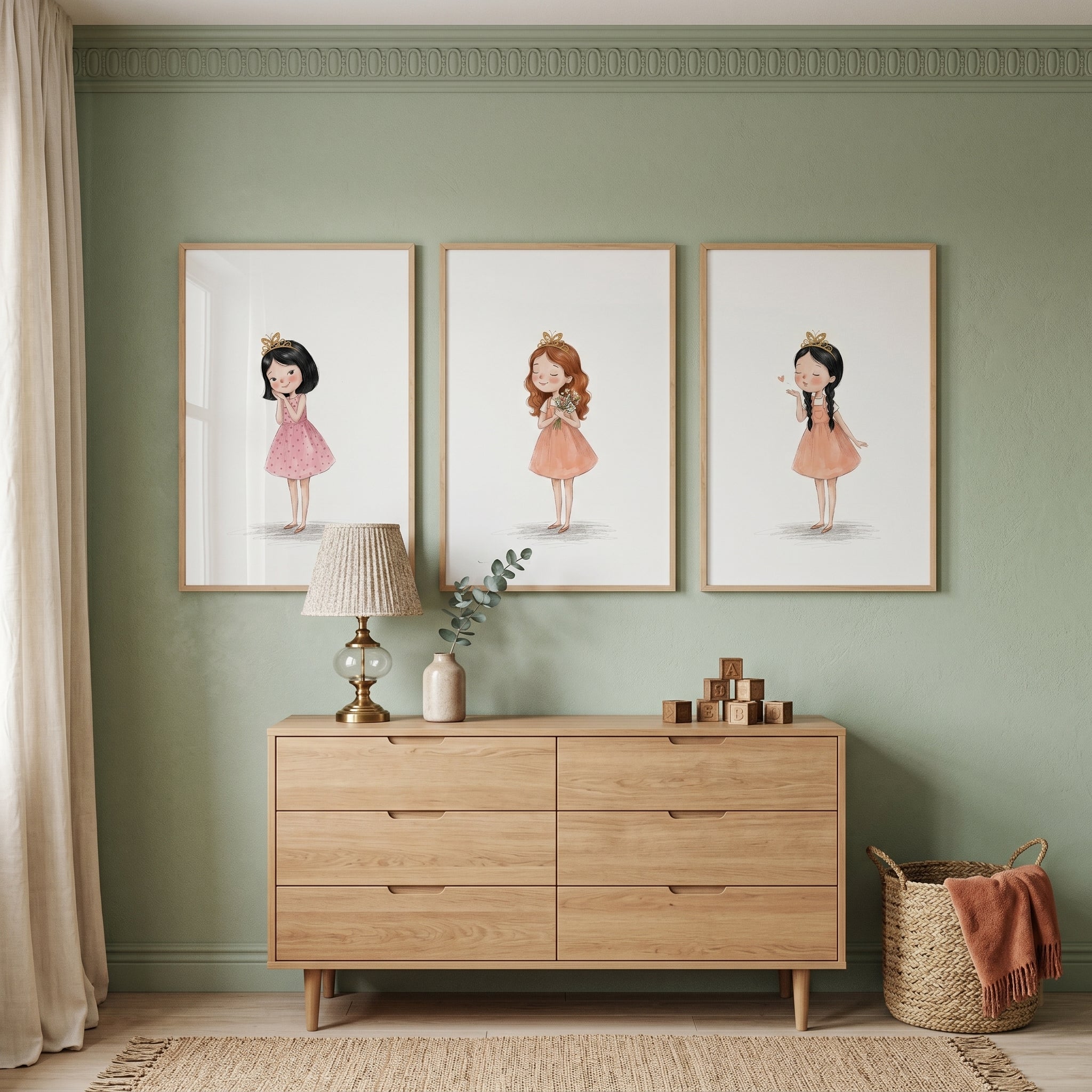 Whimsical Gold Crown Girl Wall Art Set Of 3 - Little Crown Trio