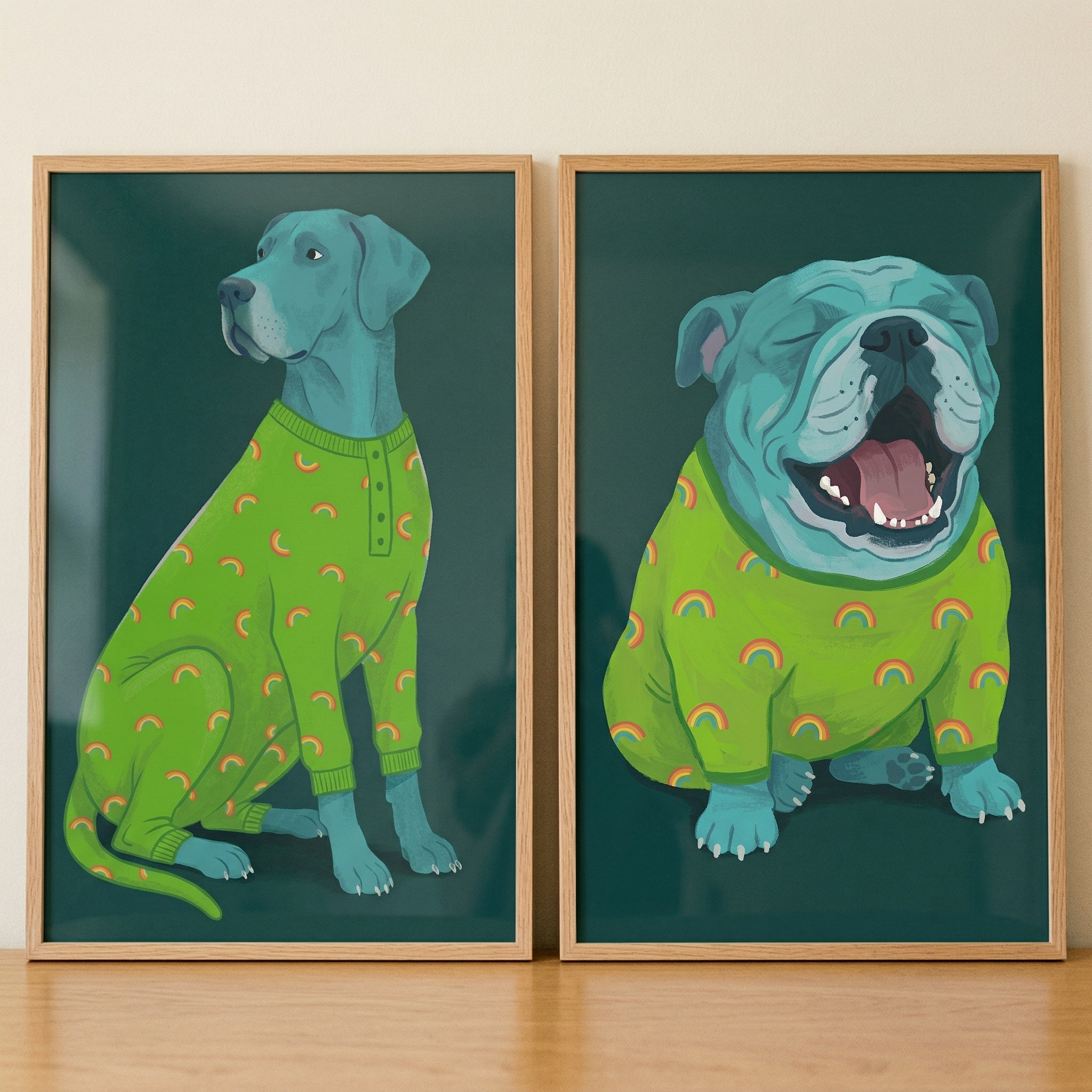 Whimsical Green Pajama Dog Wall Art Set of 2 - Sleepy Blue Canines
