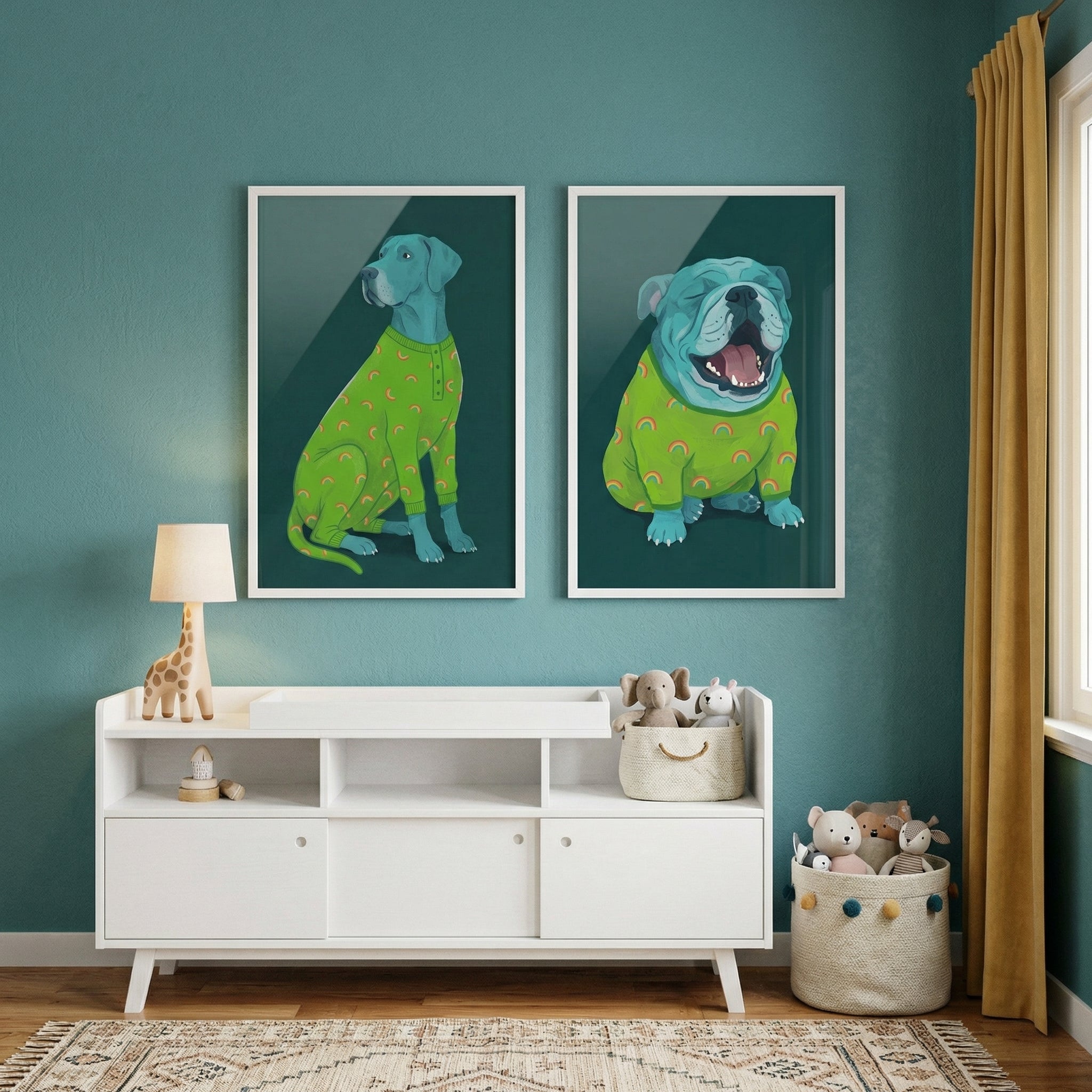 Whimsical Green Pajama Dog Wall Art Set of 2 - Sleepy Blue Canines