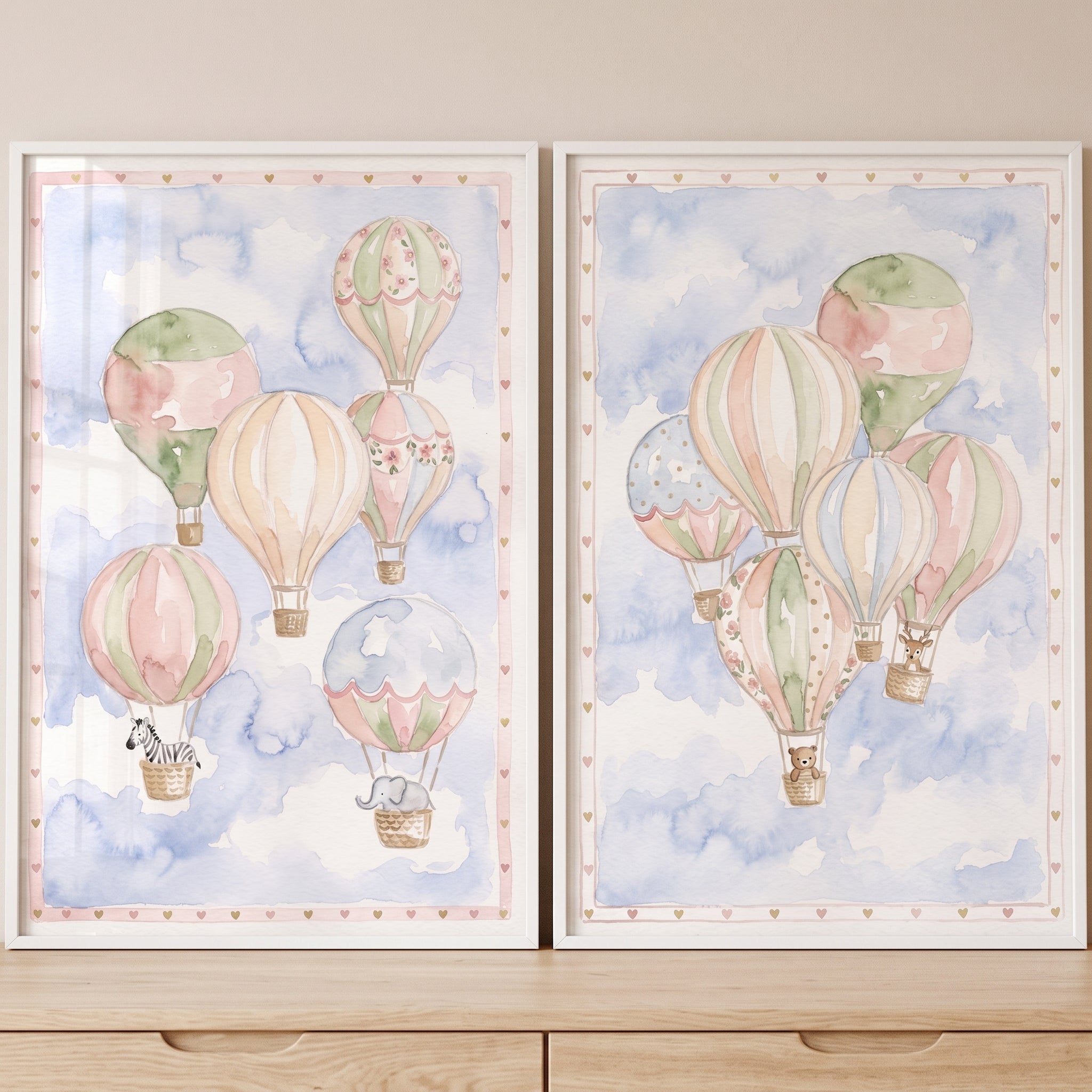 Whimsical Hot Air Balloon Wall Art Set Of 2 - Pastel Sky Travels